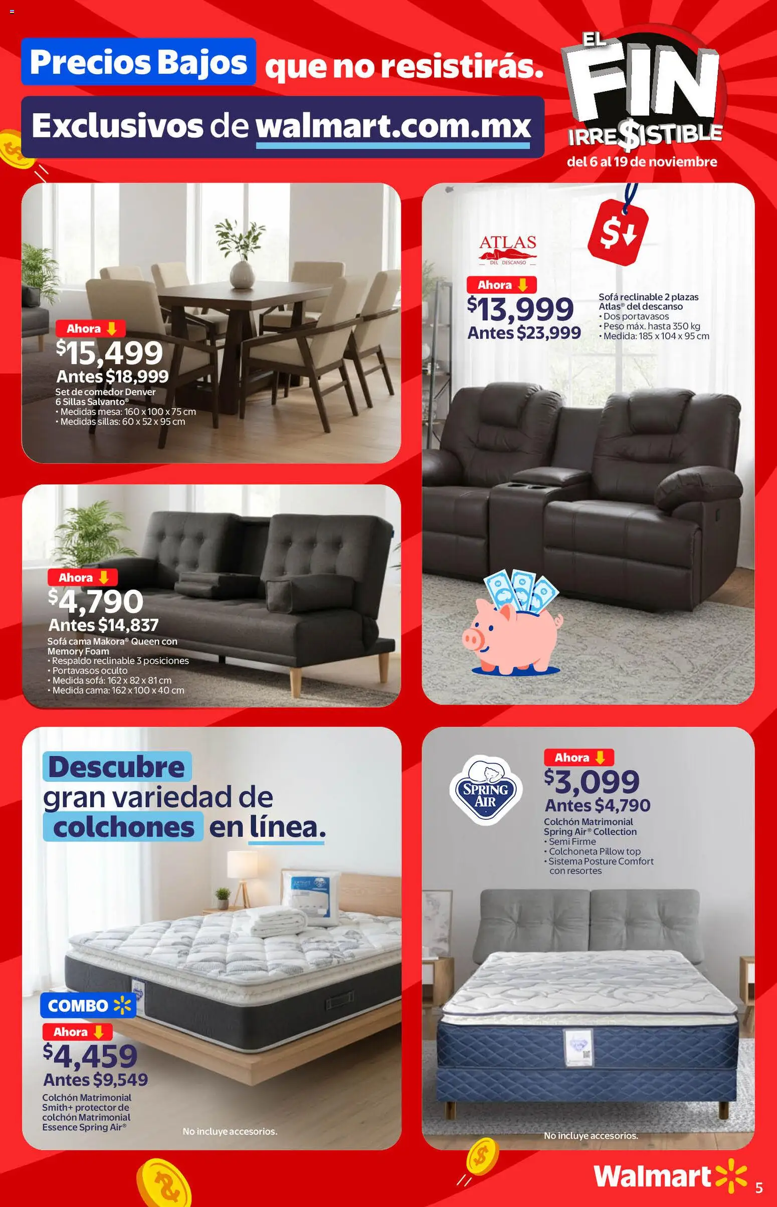 Nuevas ofertas de Walmart válidas en toda la República Mexicana desde el 06.11.2025. ¡Encuentra las mejores ofertas en Walmart catálogo Buen Fin! | Página: 5 | Productos: Colchoneta, Sofá, Colchón, Mesa