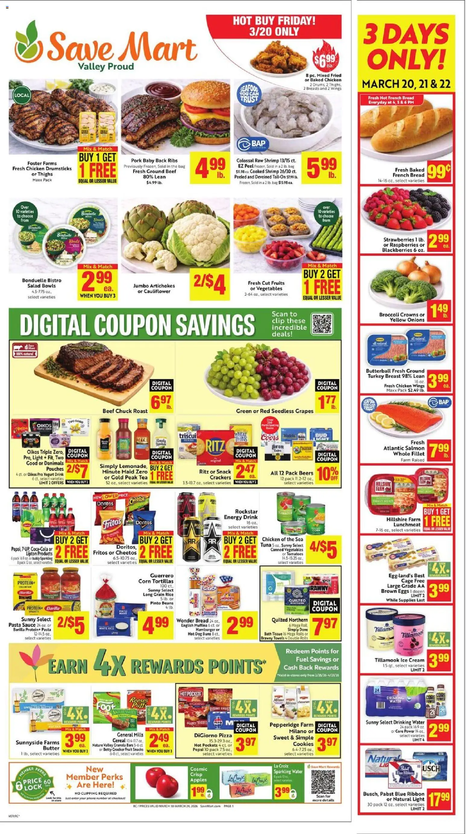 Save Mart Weekly - CA - valid from 18.03.2026 | Page: 1 | Products: Clip, Pasta, Cookies, Water