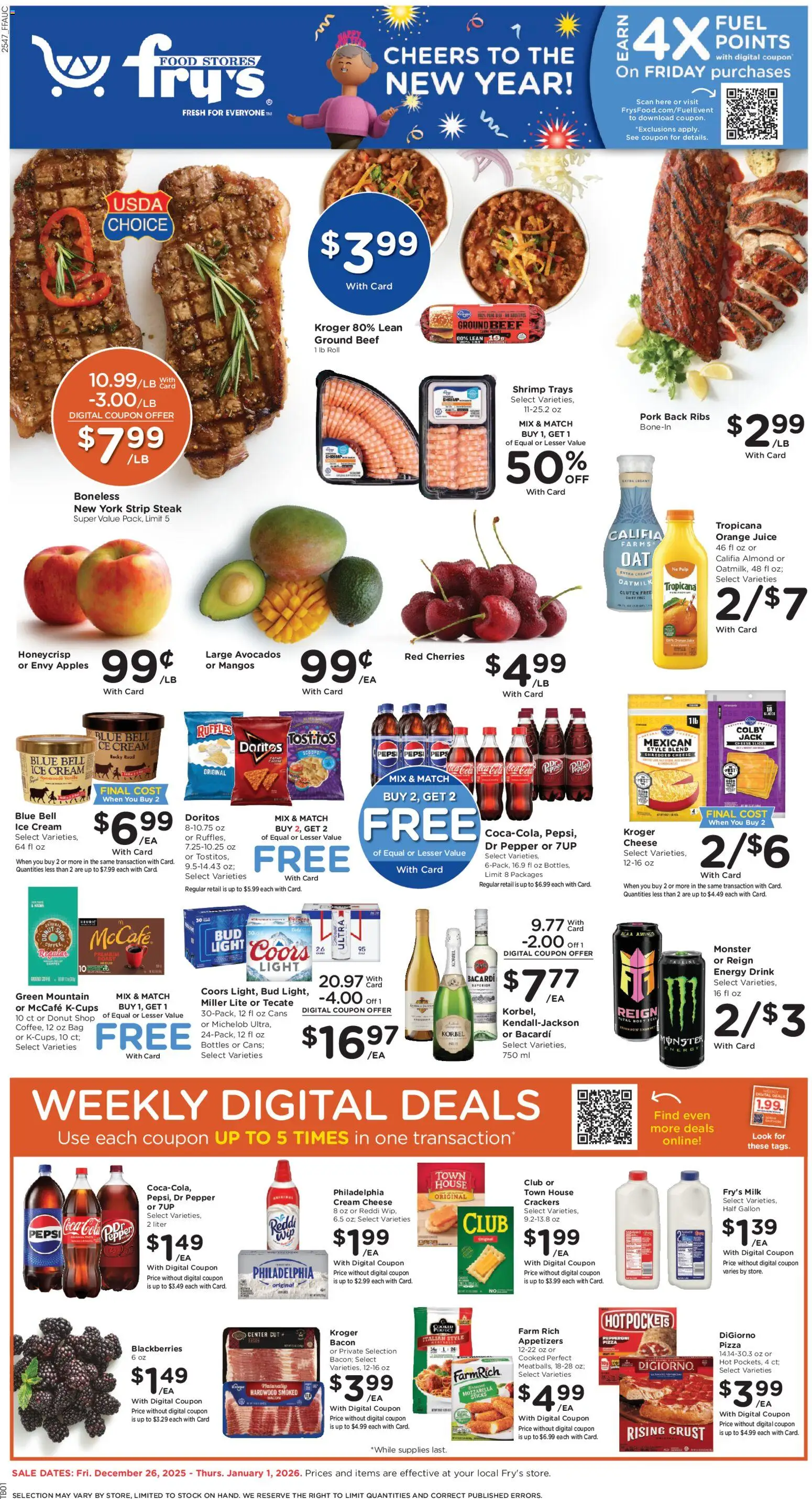 Fry's Food Weekly Ad - valid from 26.12.2025 | Page: 1 | Products: Cherries, Pizza, Beef, Bag