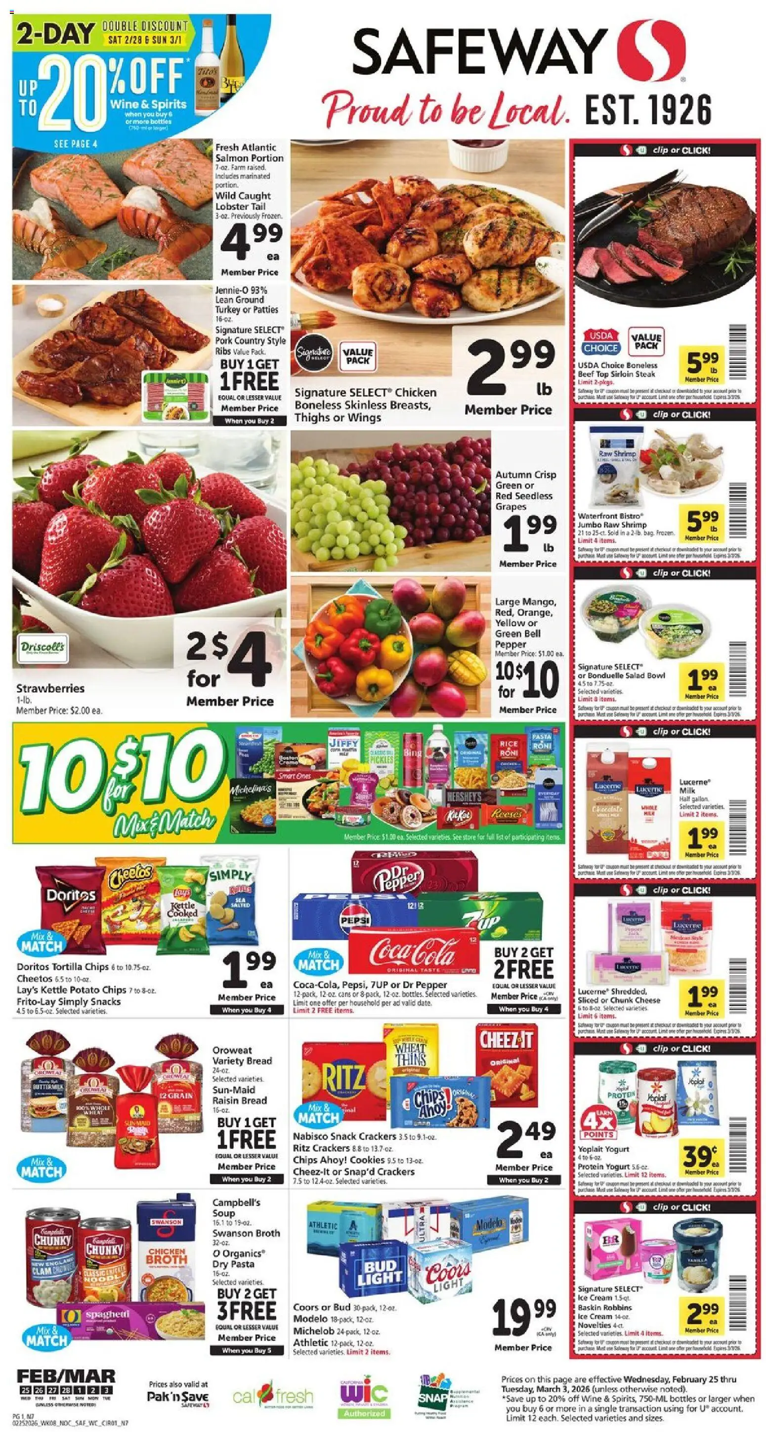 Safeway Weekly Ad - valid from 25.02.2026 | Page: 1 | Products: Milk, Wine, Rice, Cookies