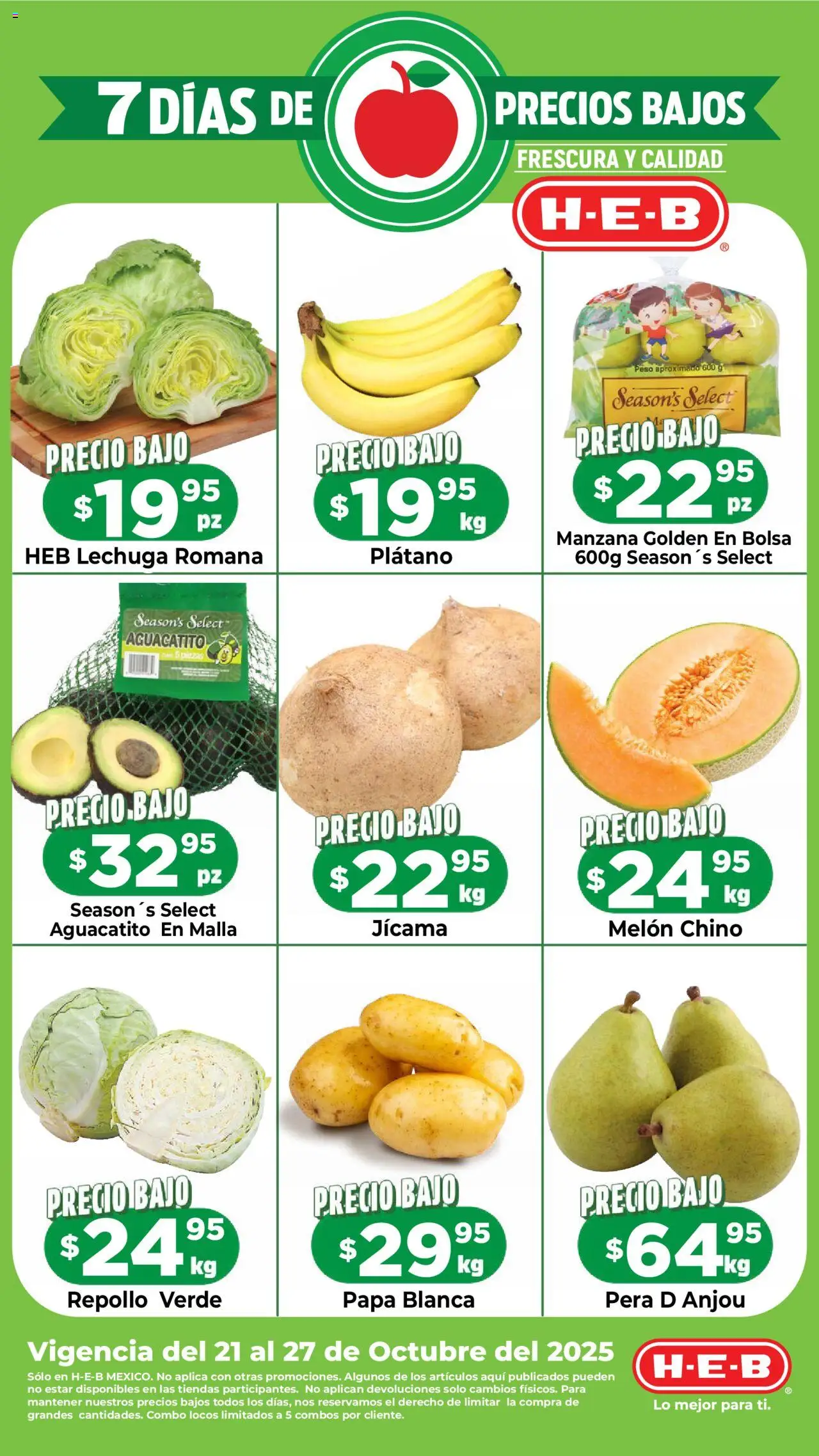 Nuevas ofertas de H-E-B válidas en toda la República Mexicana desde el 21.10.2025. ¡Encuentra las mejores ofertas en H-E-B folleto Precios Bajos! | Página: 1 | Productos: Papa, Bolsa, Manzana, Malla