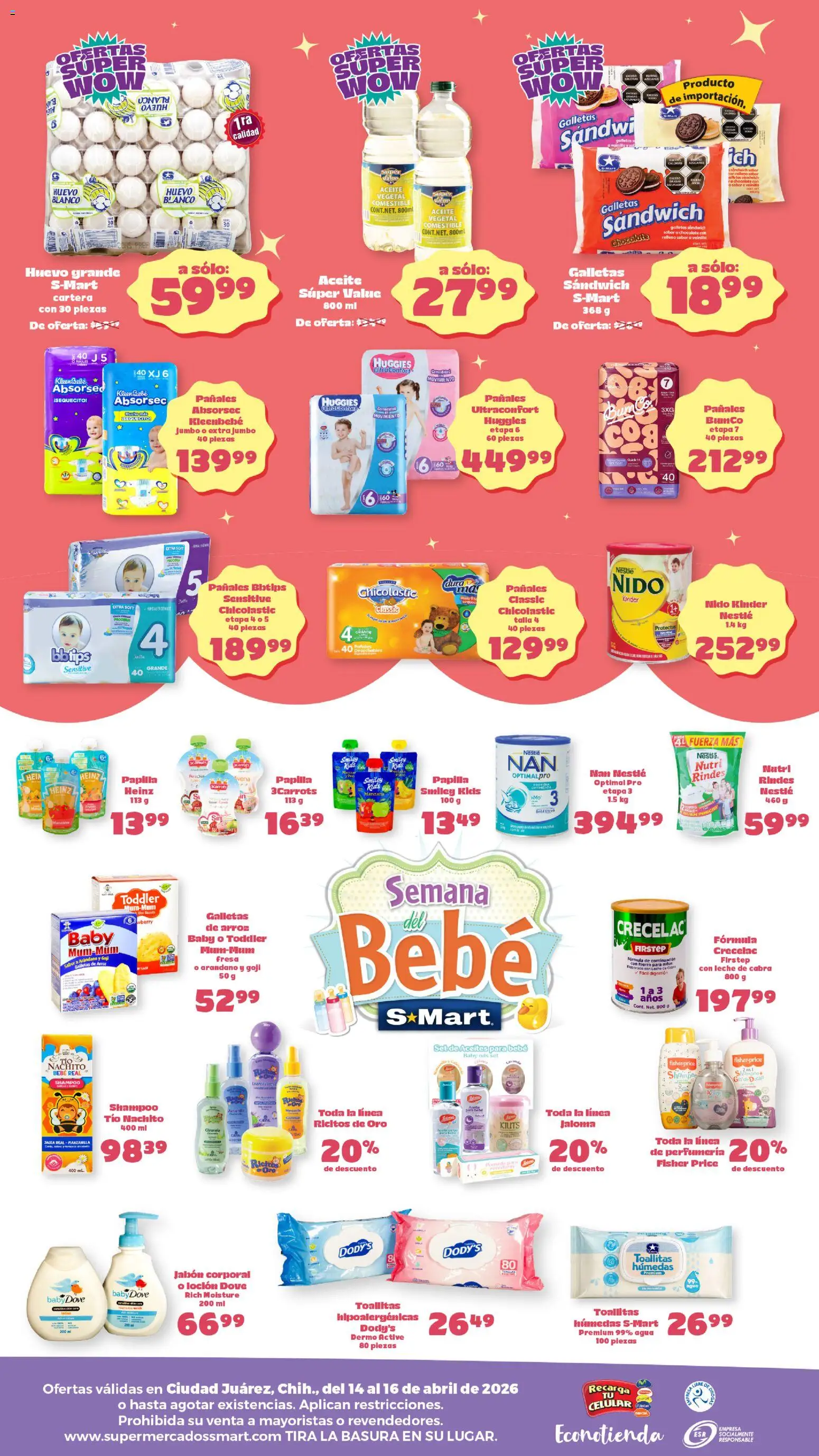 Nuevas ofertas de S-Mart válidas en toda la República Mexicana desde el 14.04.2026. ¡Encuentra las mejores ofertas en S-Mart folleto Ofertas de feria Juárez! | Página: 2 | Productos: Manzana, Pañales, Body, Jabón