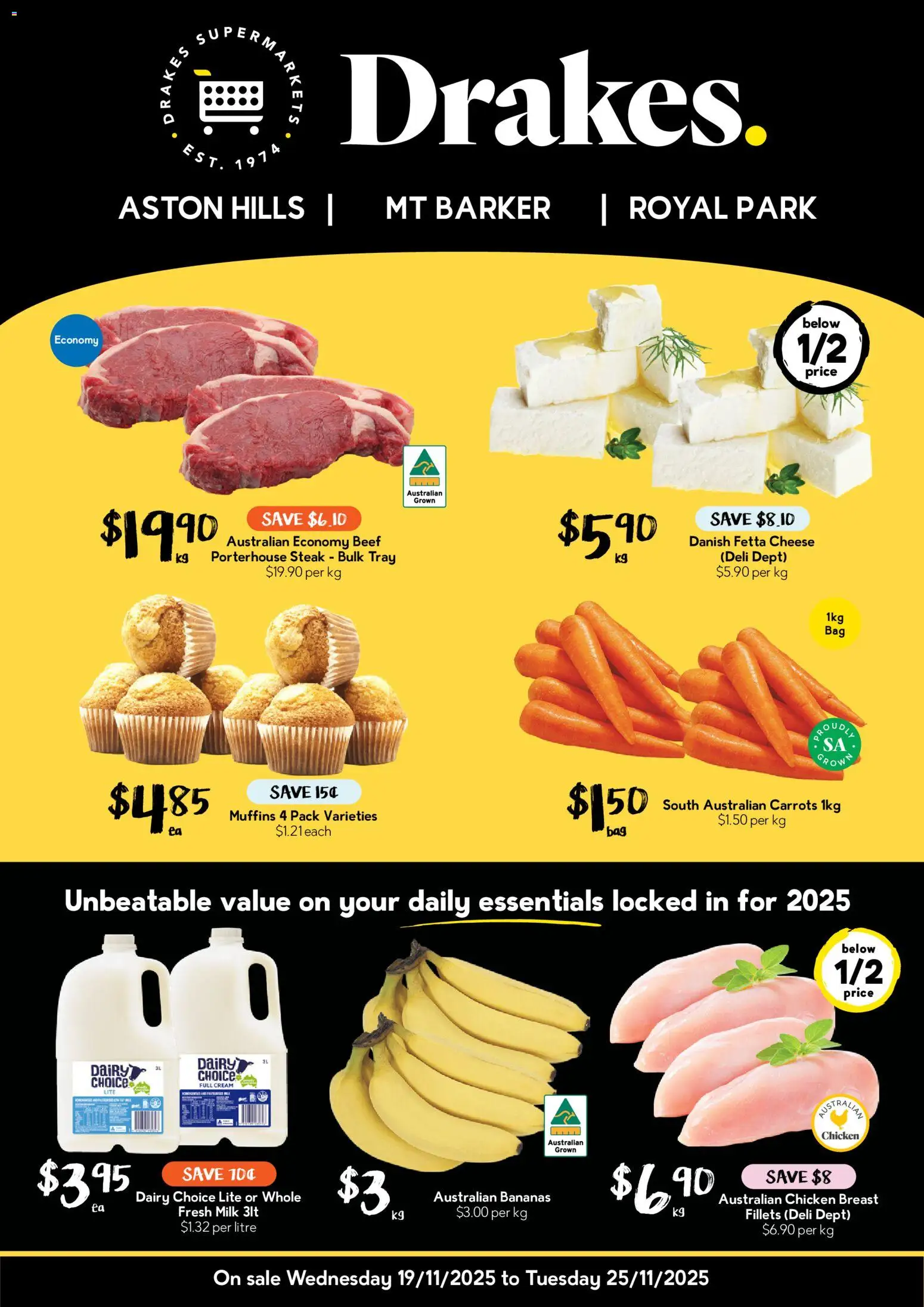 Drakes catalogue - valid from 19.11.2025 | Page: 1 | Products: Cheese, Bananas, Beef, Steak