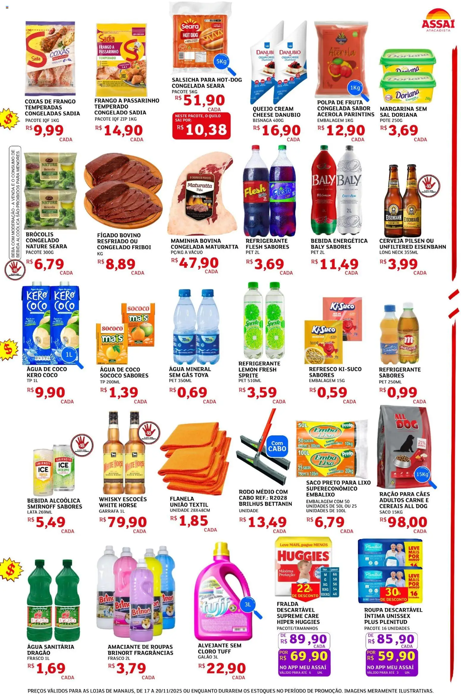 Assaí Atacadista Folheto - válido de 17.11.2025 | Página: 3 | Produtos: Salsicha, Maminha, Queijo, Água sanitária