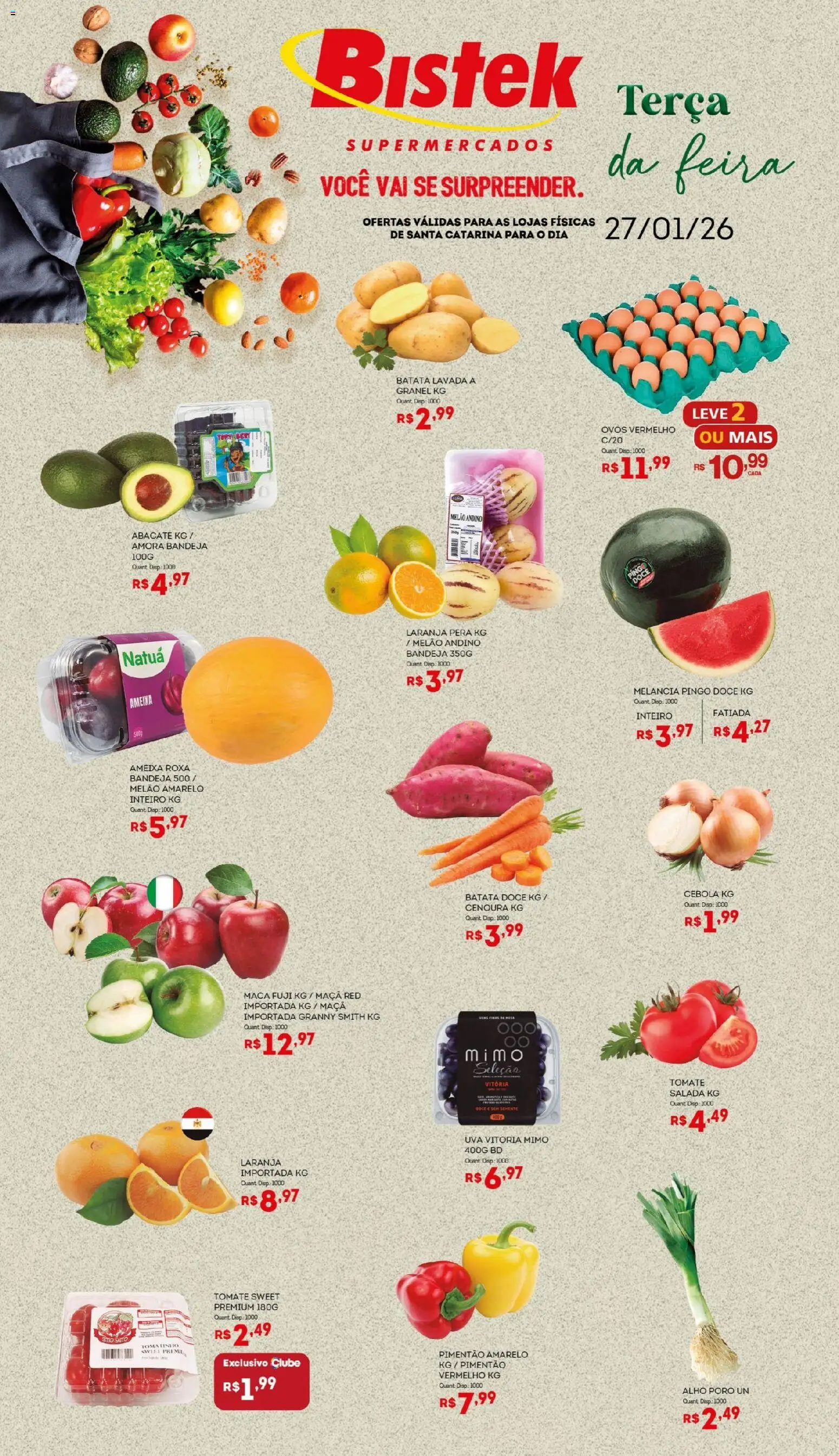 Bistek Supermercados Folheto - válido de 27.01.2026 | Página: 1 | Produtos: Melancia, Bandeja, Batata, Ameixa