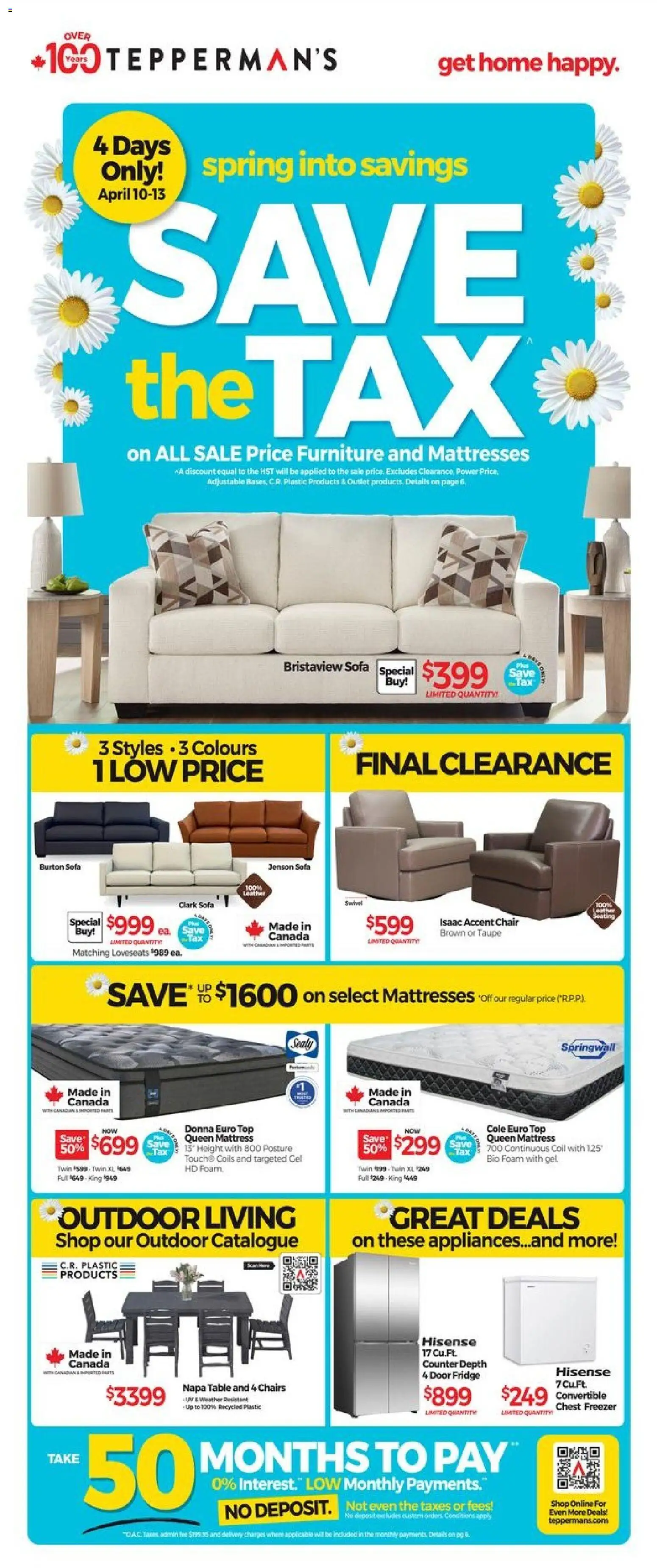 Tepperman's flyer valid from 10.04.2026 | Page: 1 | Products: Mattress, Sofa, Table, Chair