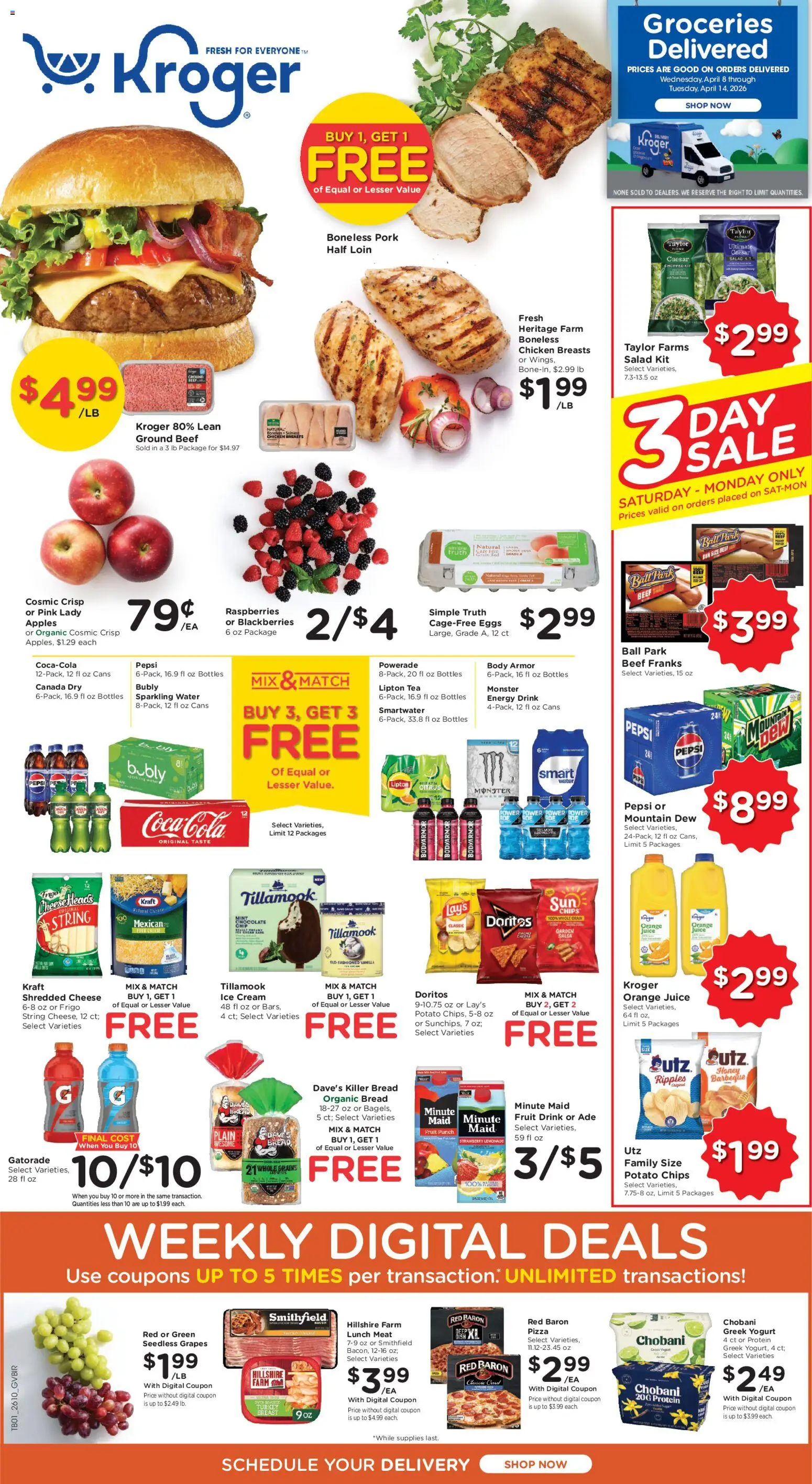 Kroger Ad - valid from 08.04.2026 | Page: 1 | Products: Cheese, Yogurt, Juice, Ice cream