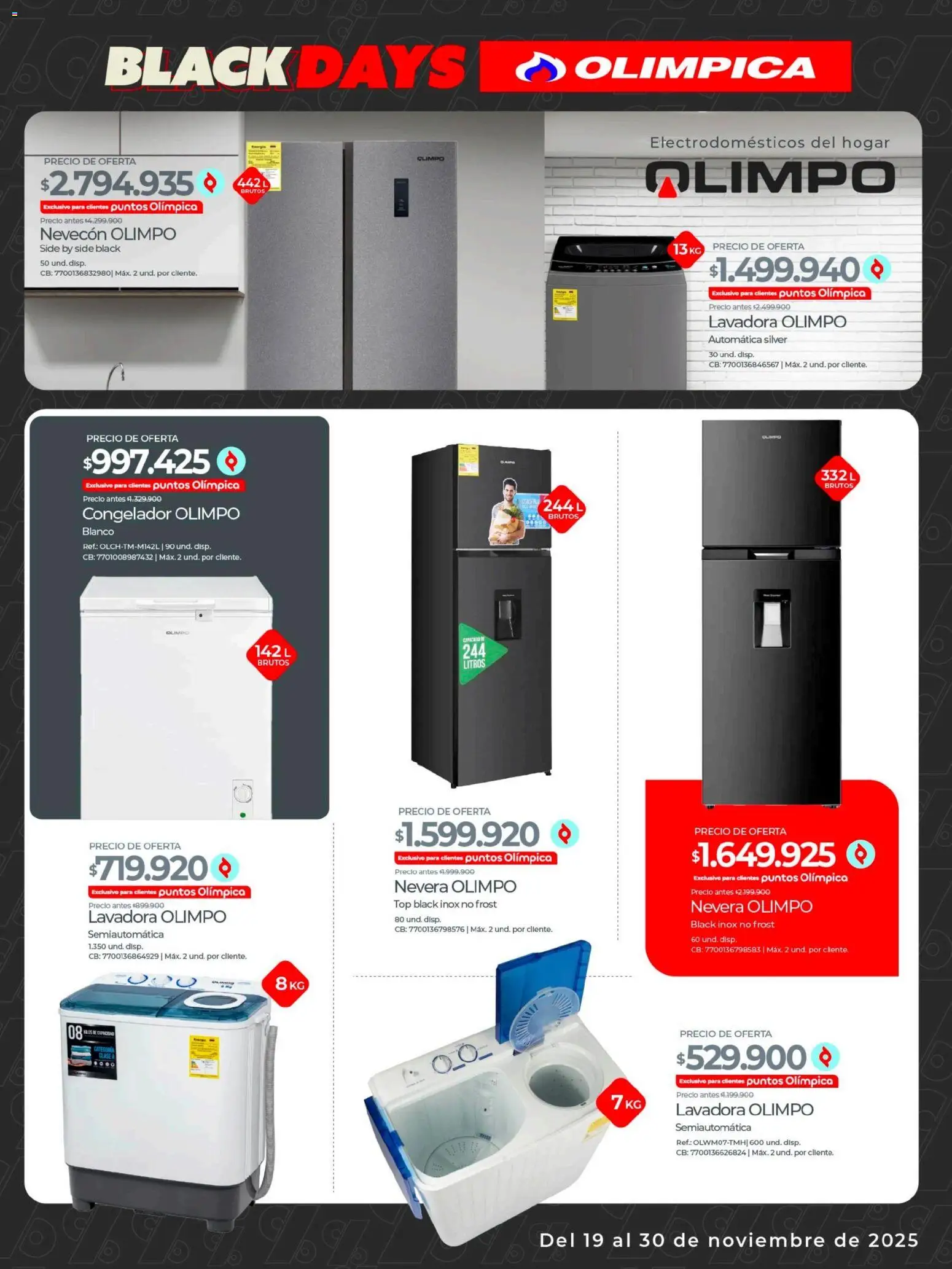 Olímpica revista - valida desde el 19.11.2025 | Página: 11 | Productos: Congelador, Lavadora, Top, Nevera
