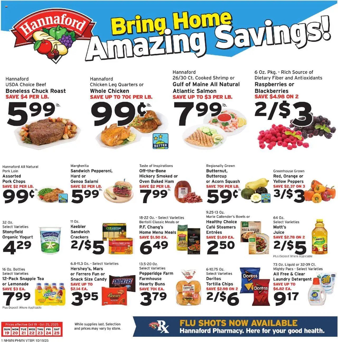 Hannaford Weekly Ad - valid from 19.10.2025 | Page: 1 | Products: Cheese, Salami, Juice, Beef