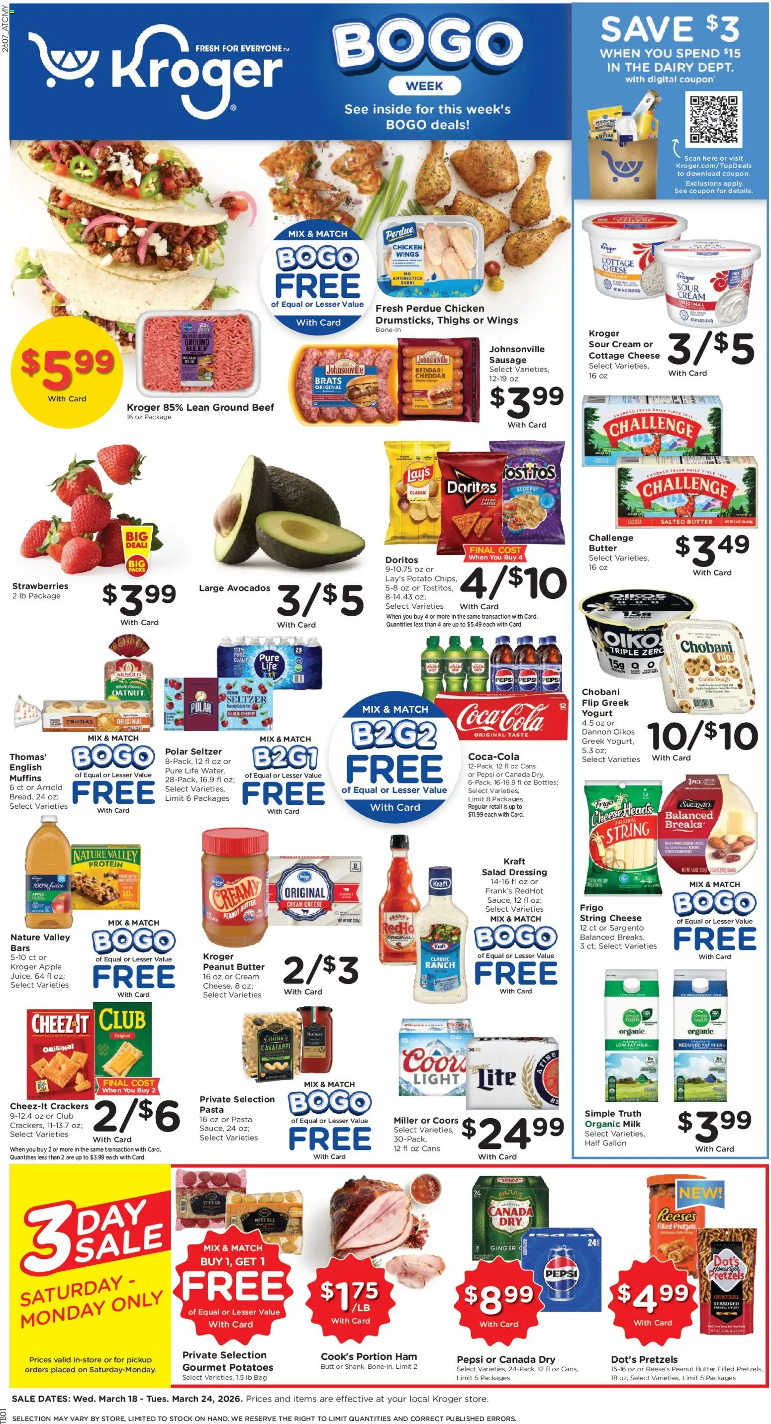 Kroger Weekly Ad - valid from 18.03.2026 | Page: 1 | Products: Cheese, Beef, Pasta, Cottage cheese
