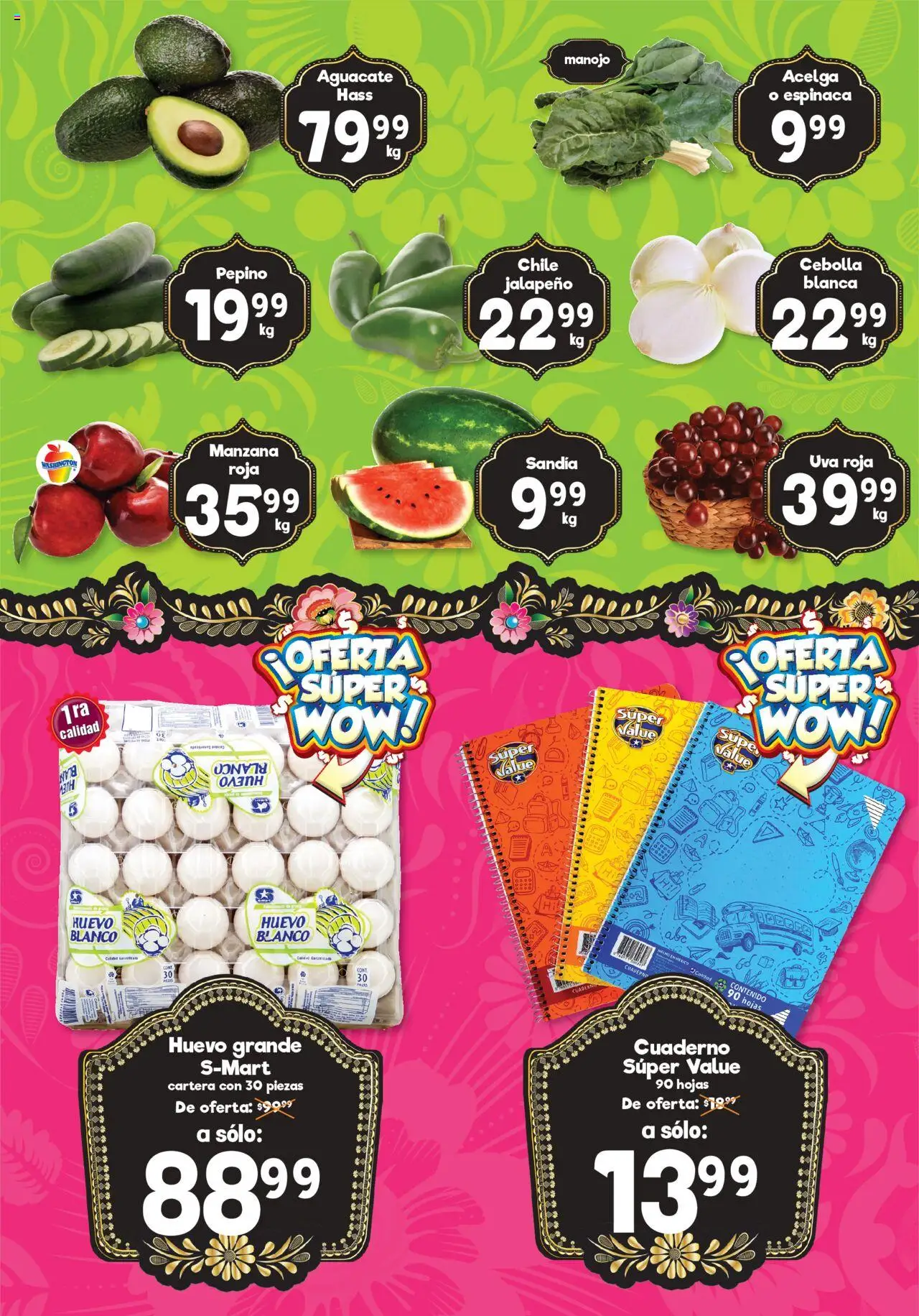 Nuevas ofertas de S-Mart válidas en toda la República Mexicana desde el 12.08.2025. ¡Encuentra las mejores ofertas en S-Mart - Folleto - Juarez! | Página: 2 | Productos: Cebolla, Huevo, Uva, Espinaca