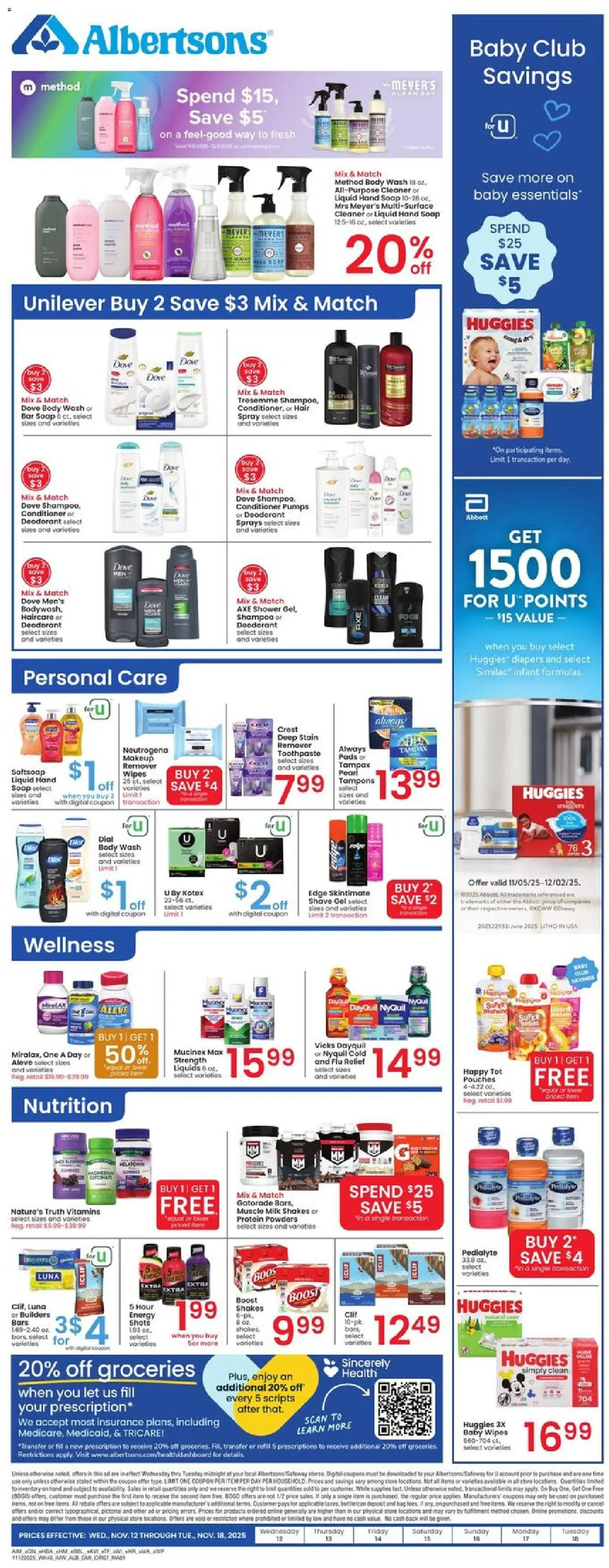 Albertsons Weekly Ad - valid from 12.11.2025 | Page: 7 | Products: Milk, Deodorant, Pads, Body Wash