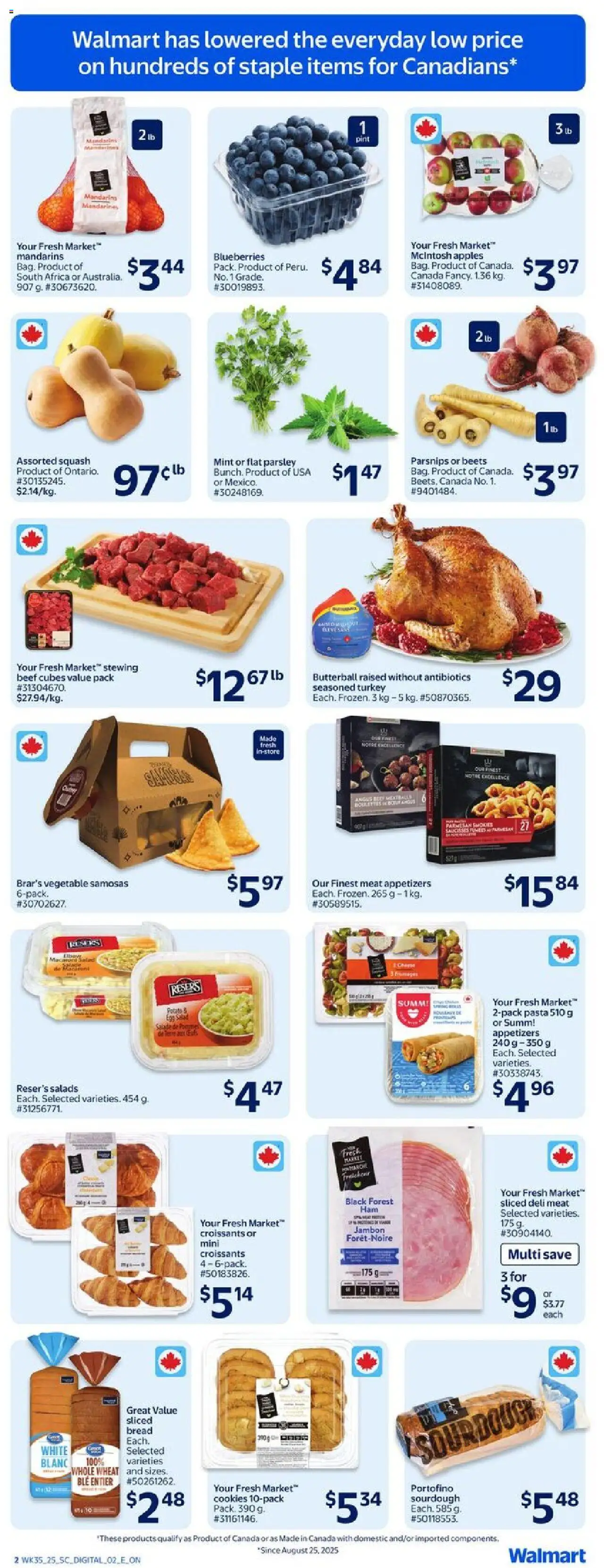 Walmart flyer valid from 25.09.2025 | Page: 4 | Products: Beef, Pasta, Bread, Apples
