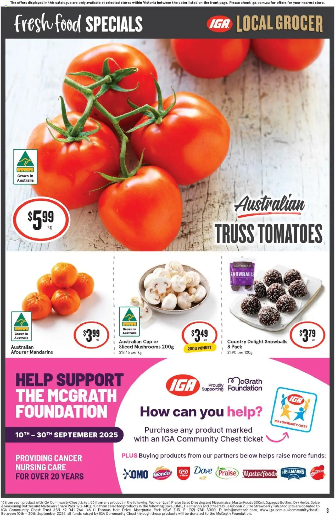 IGA catalogue - valid from 10.09.2025 | Page: 3 | Products: Tomatoes, Mandarins, Salad, Foundation