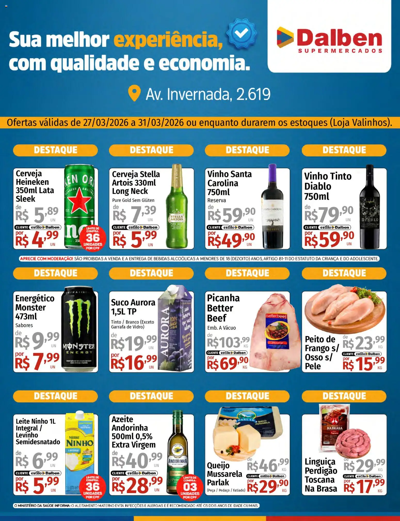 Supermercado Dalben Folheto - válido de 27.03.2026 | Página: 1 | Produtos: Energético, Suco, Monster, Mussarela