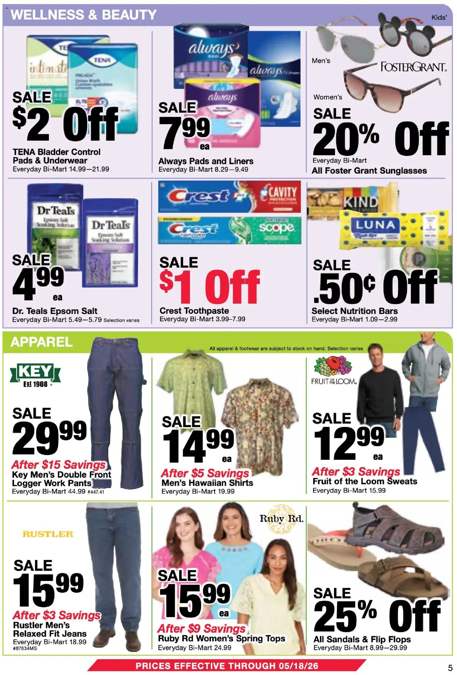 Bi-Mart Membership Savings Book - valid from 28.04.2026 | Page: 5 | Products: Toothpaste, Pads, Epsom Salt, Sandals