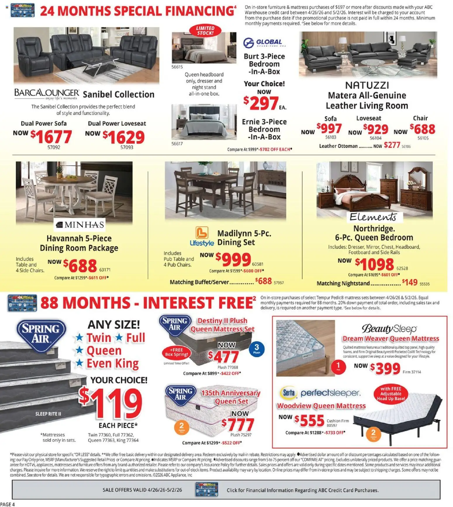 ABC Warehouse Weekly Ad - valid from 26.04.2026 | Page: 4 | Products: Mattress, Sofa, Table, Chair