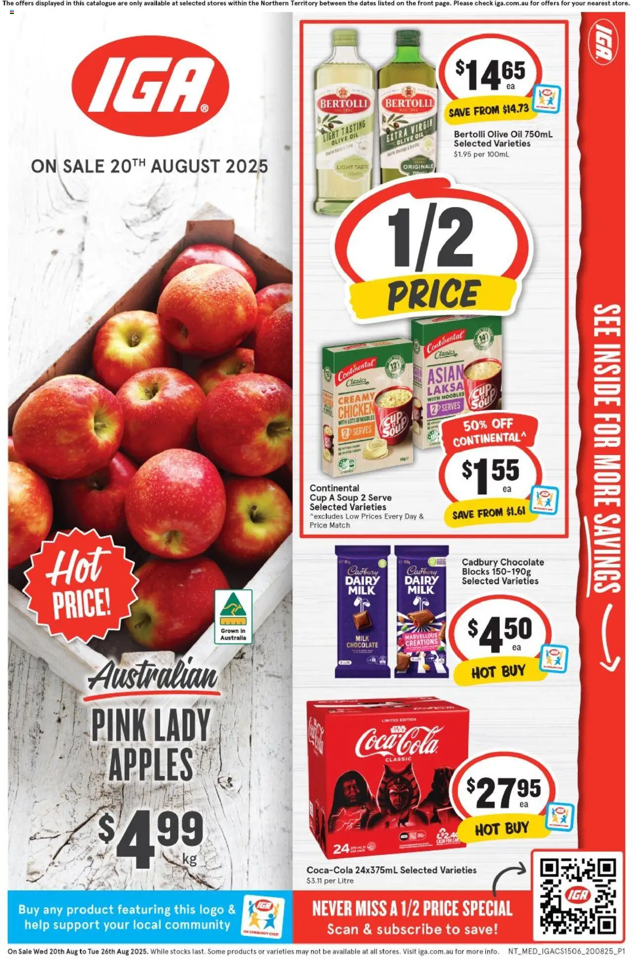 IGA catalogue - valid from 20.08.2025 | Page: 1 | Products: Chocolate, Apples, Cream, Soup