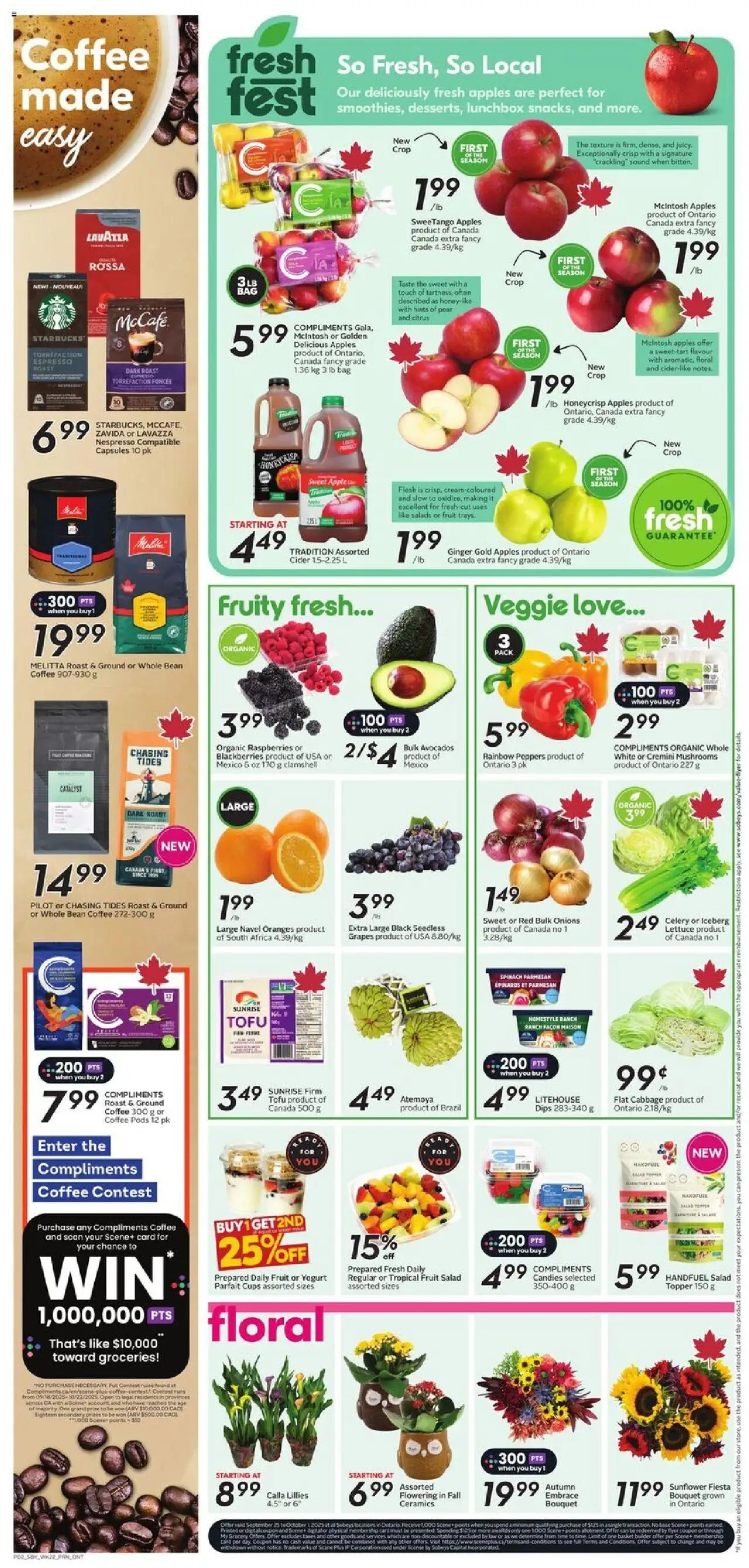 Sobeys flyer valid from 25.09.2025 | Page: 5 | Products: Salad, Yogurt, Apples, Oranges