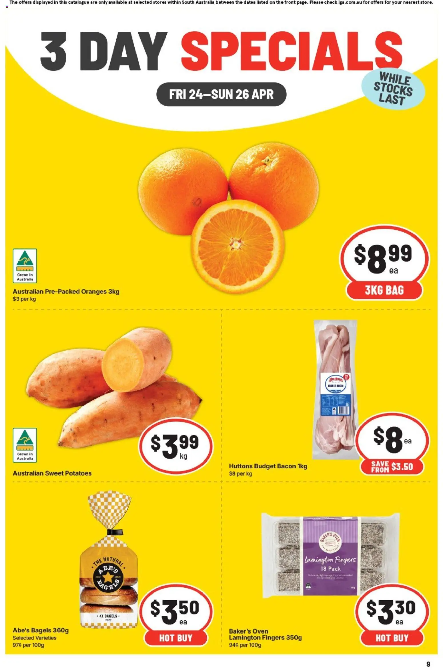 IGA catalogue - valid from 24.04.2026 | Page: 1 | Products: Bacon, Oranges, Potatoes, Bag