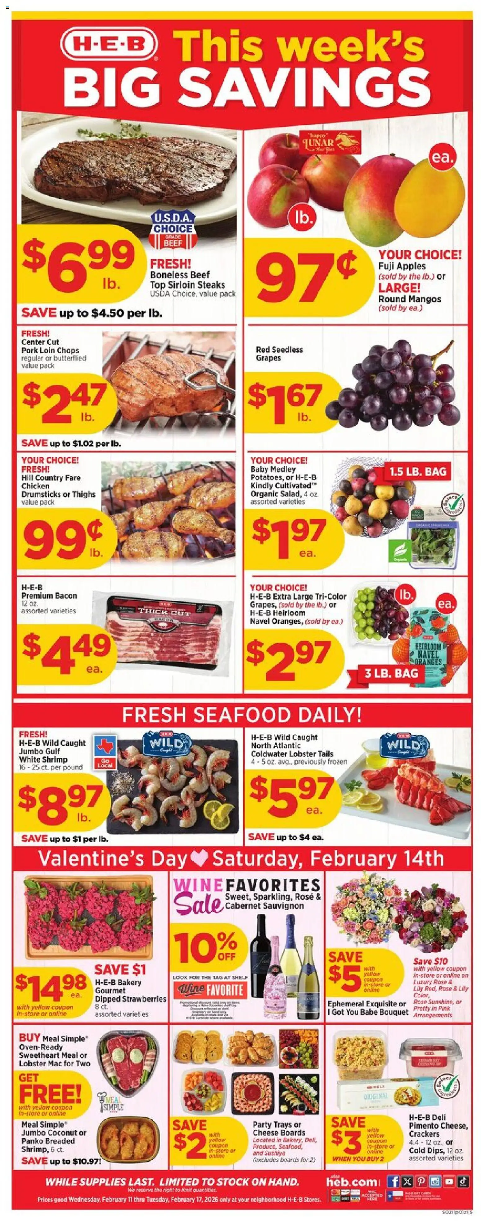 H-E-B Weekly Ad - valid from 11.02.2026 | Page: 1 | Products: Shelf, Pork, Seafood, Grapes