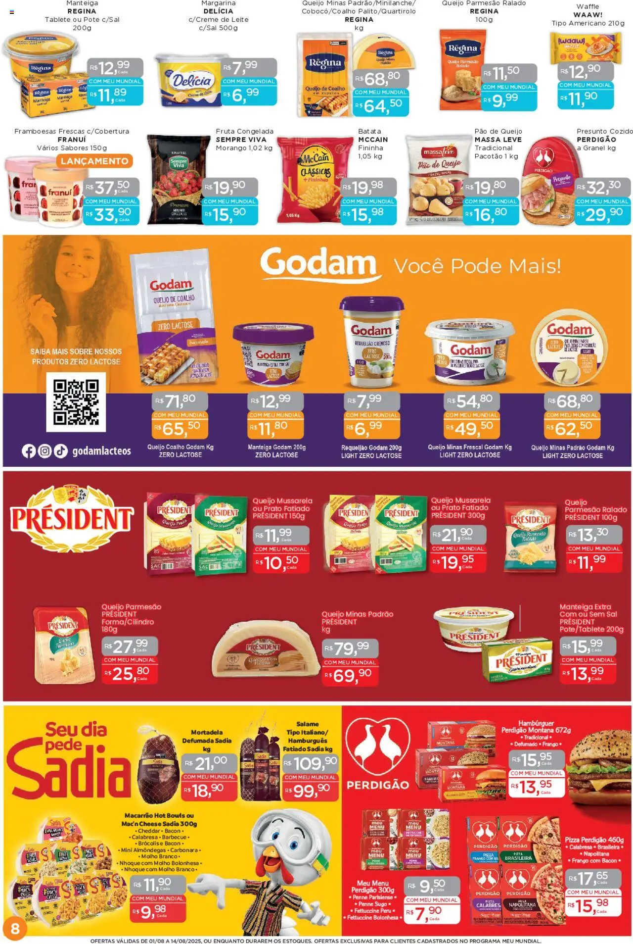 Mundial Folheto - válido de 01.08.2025 | Página: 8 | Produtos: Manteiga, Queijo, Mortadela, Queijo parmesão