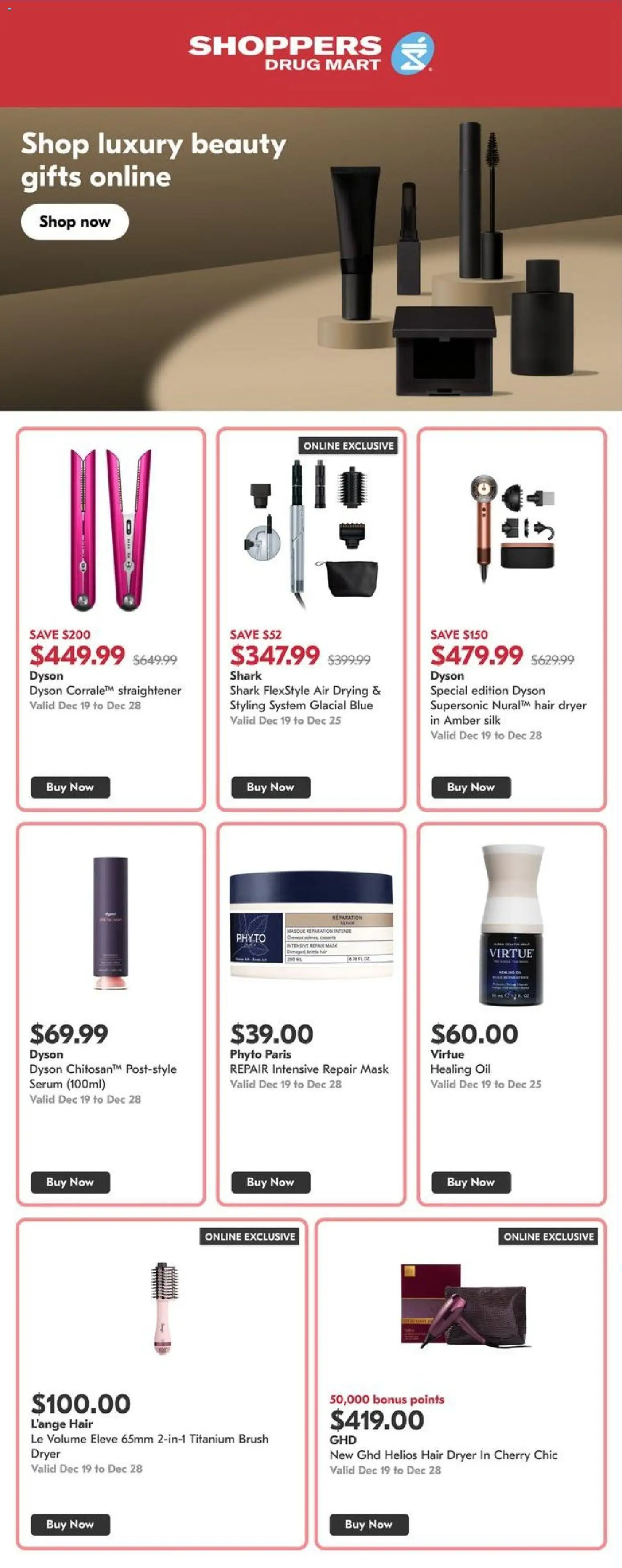Shoppers flyer valid from 19.12.2025 | Page: 1 | Products: Dryer, Hair dryer, Brush, Oil