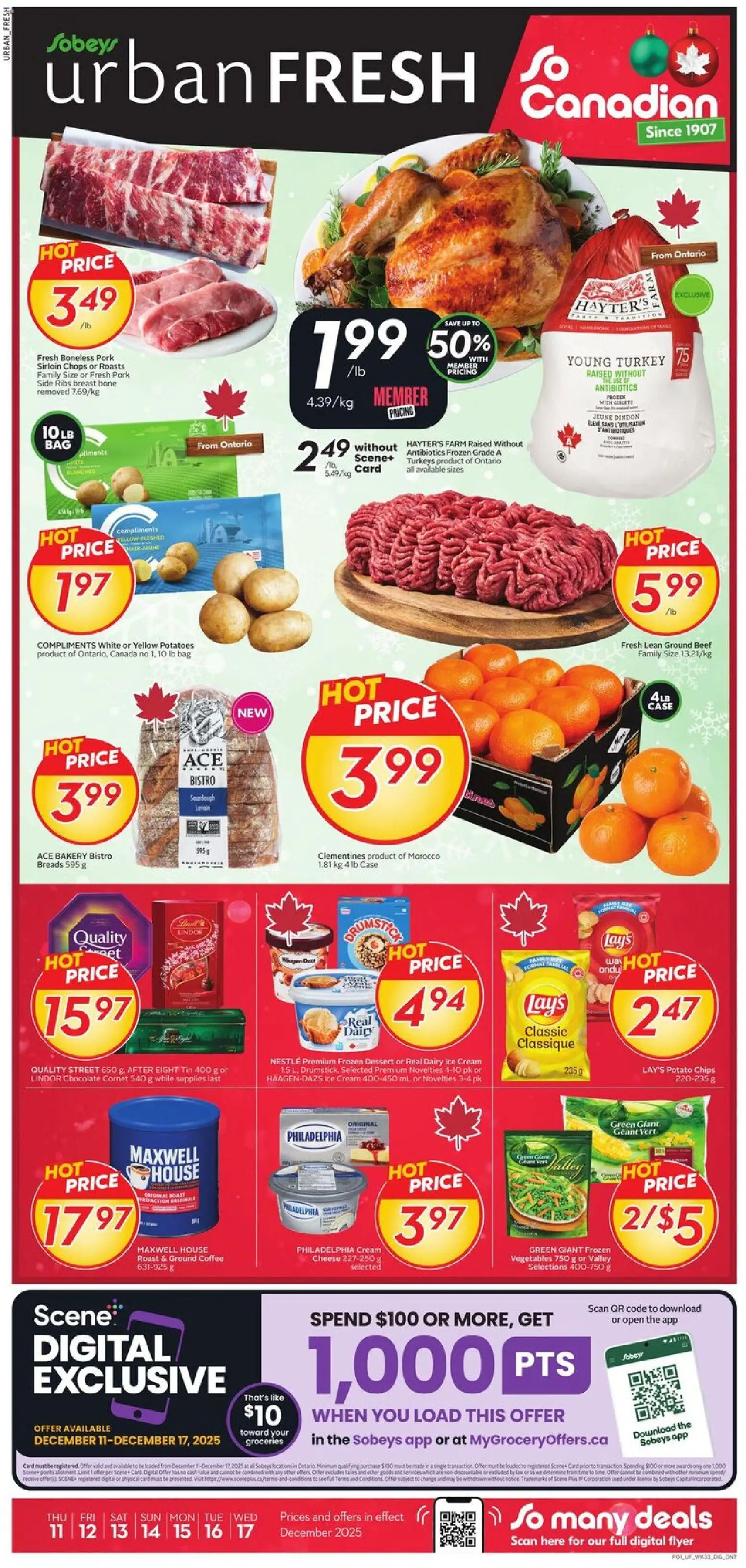 Sobeys flyer valid from 11.12.2025 | Page: 1 | Products: Beef, Cream, Bag, Cheese