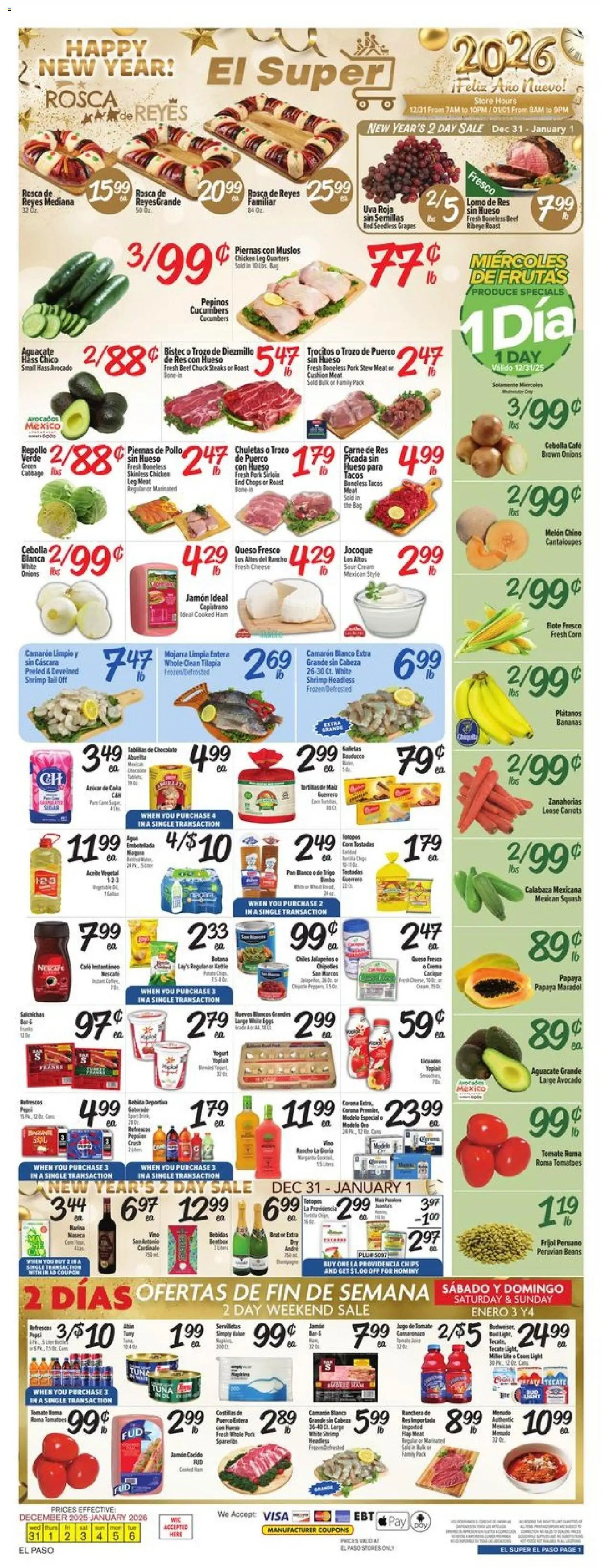 El Super Weekly Ad - TX - valid from 31.12.2025 | Page: 1 | Products: Corn, Pan, Pork, Cabbage