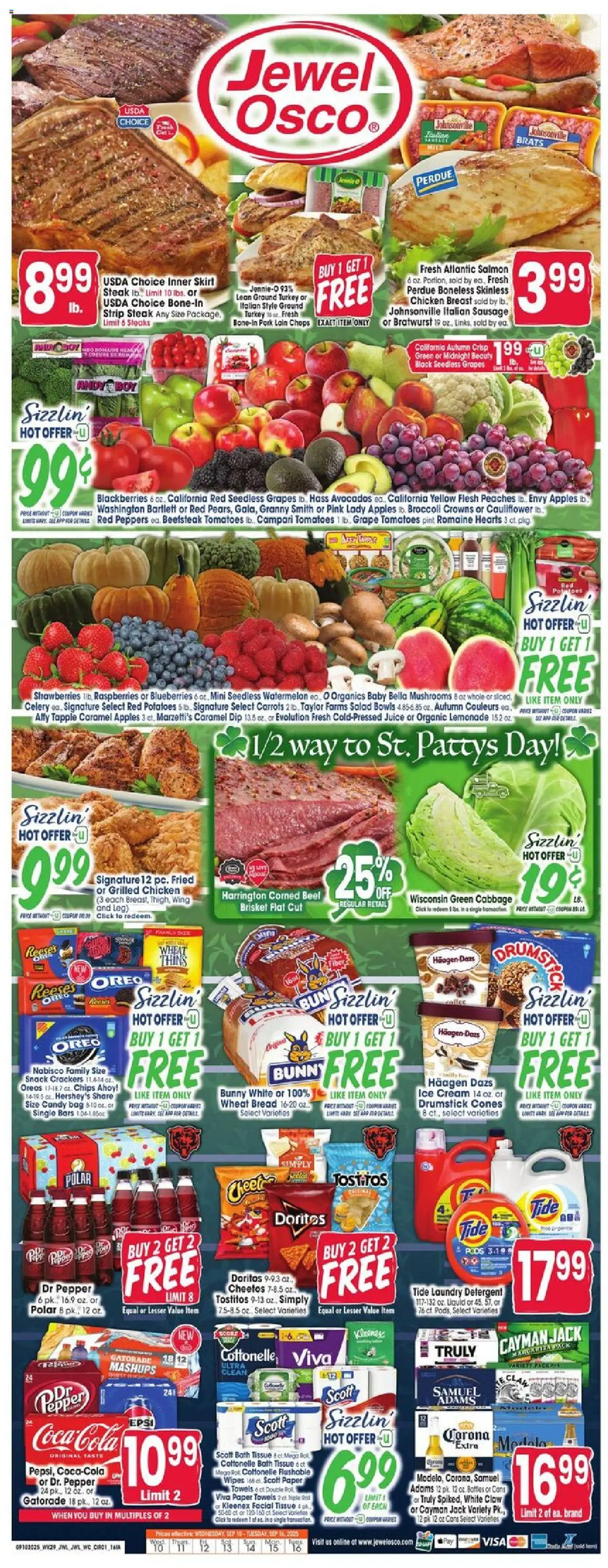 Jewel Osco Weekly Ad - IA - valid from 10.09.2025 | Page: 1 | Products: Romaine, Mushrooms, Strawberries, Sausage