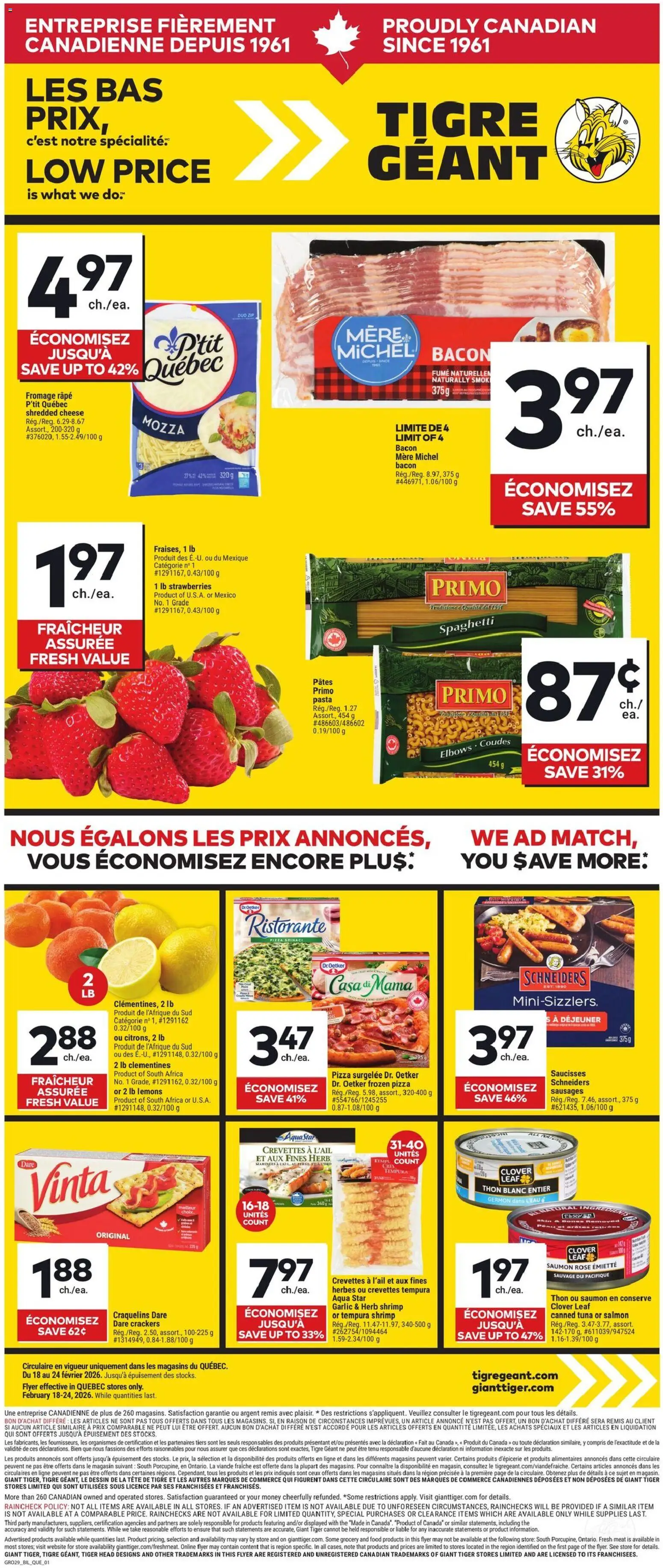 Giant Tiger flyer valid from 18.02.2026 | Page: 1 | Products: Strawberries, Pasta, Cheese, Pizza