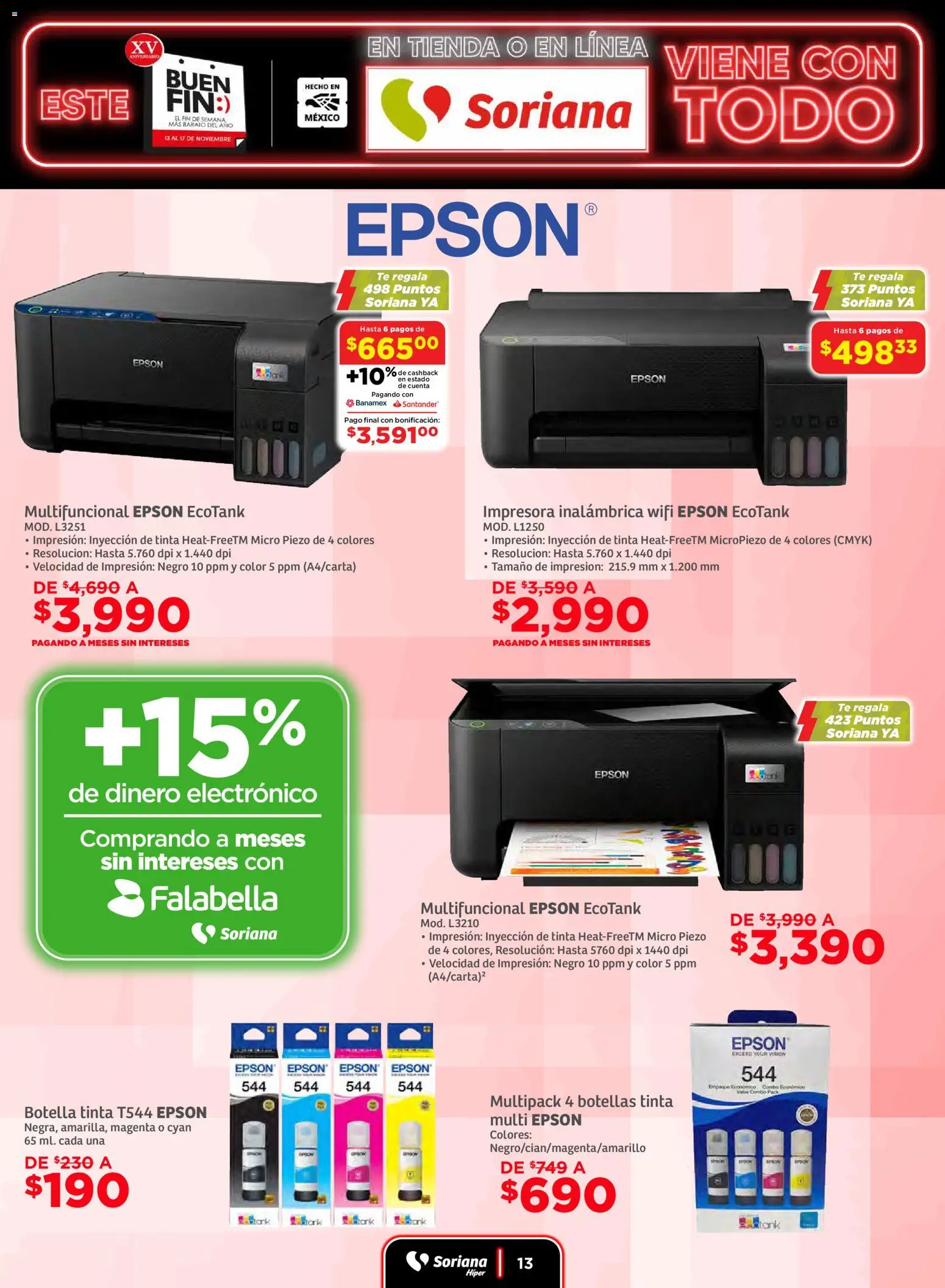 Nuevas ofertas de Soriana válidas en toda la República Mexicana desde el 13.11.2025. ¡Encuentra las mejores ofertas en Soriana Buen Fin ! | Página: 13 | Productos: Impresora, Botella, Té