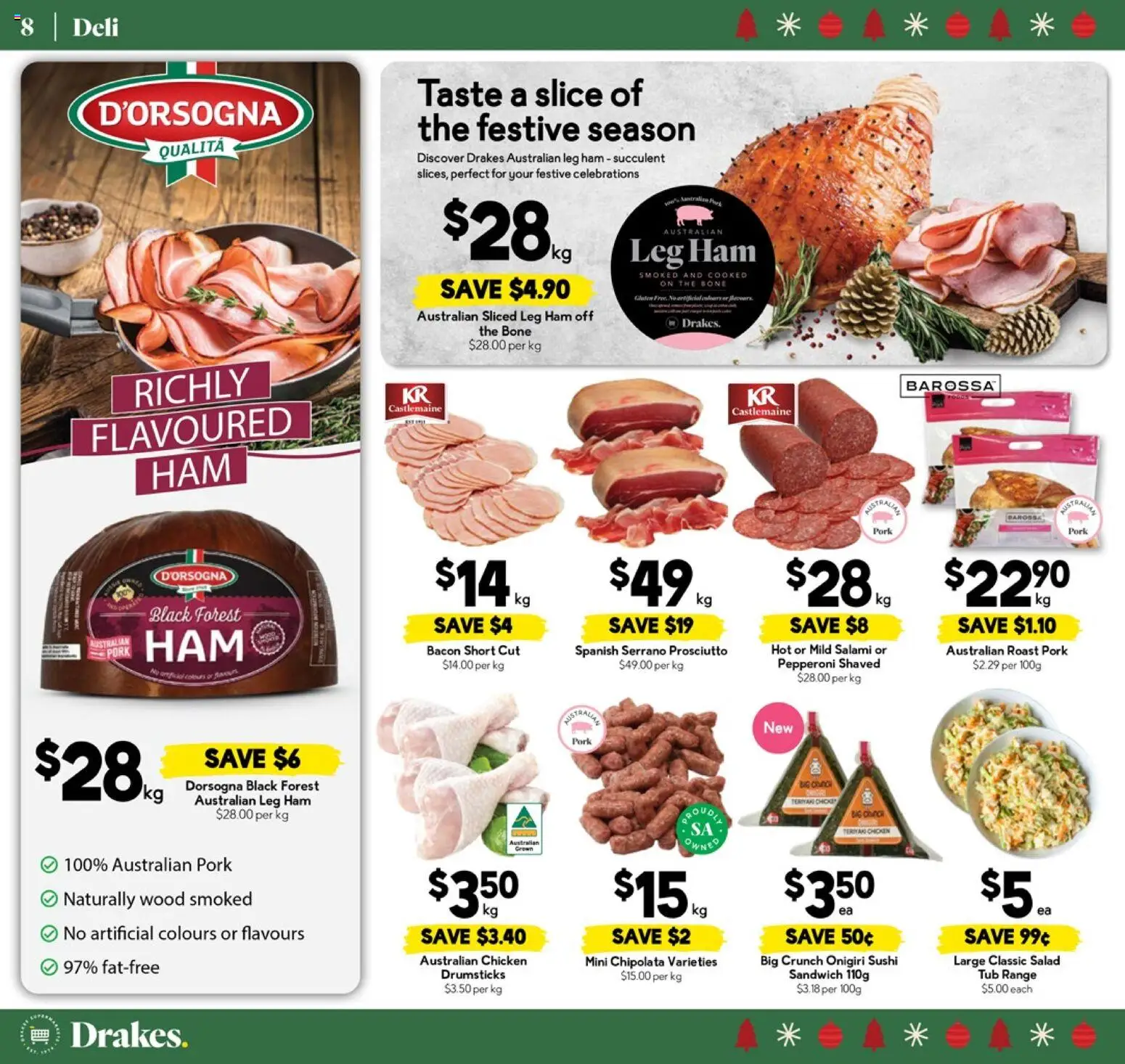 Drakes catalogue - valid from 10.12.2025 | Page: 8 | Products: Bacon, Salami, Pork, Salad