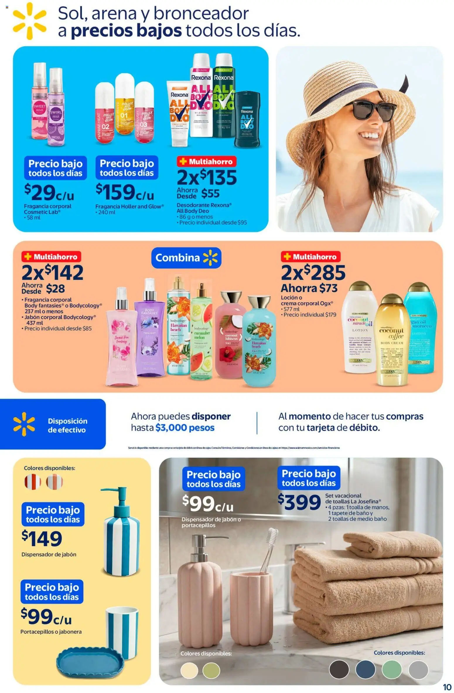 Nuevas ofertas de Walmart válidas en toda la República Mexicana desde el 05.03.2026. ¡Encuentra las mejores ofertas en Walmart folleto Sol, arena y bronceador a precios bajos! | Página: 10 | Productos: Body, Toallas, Jabonera, Fragancia