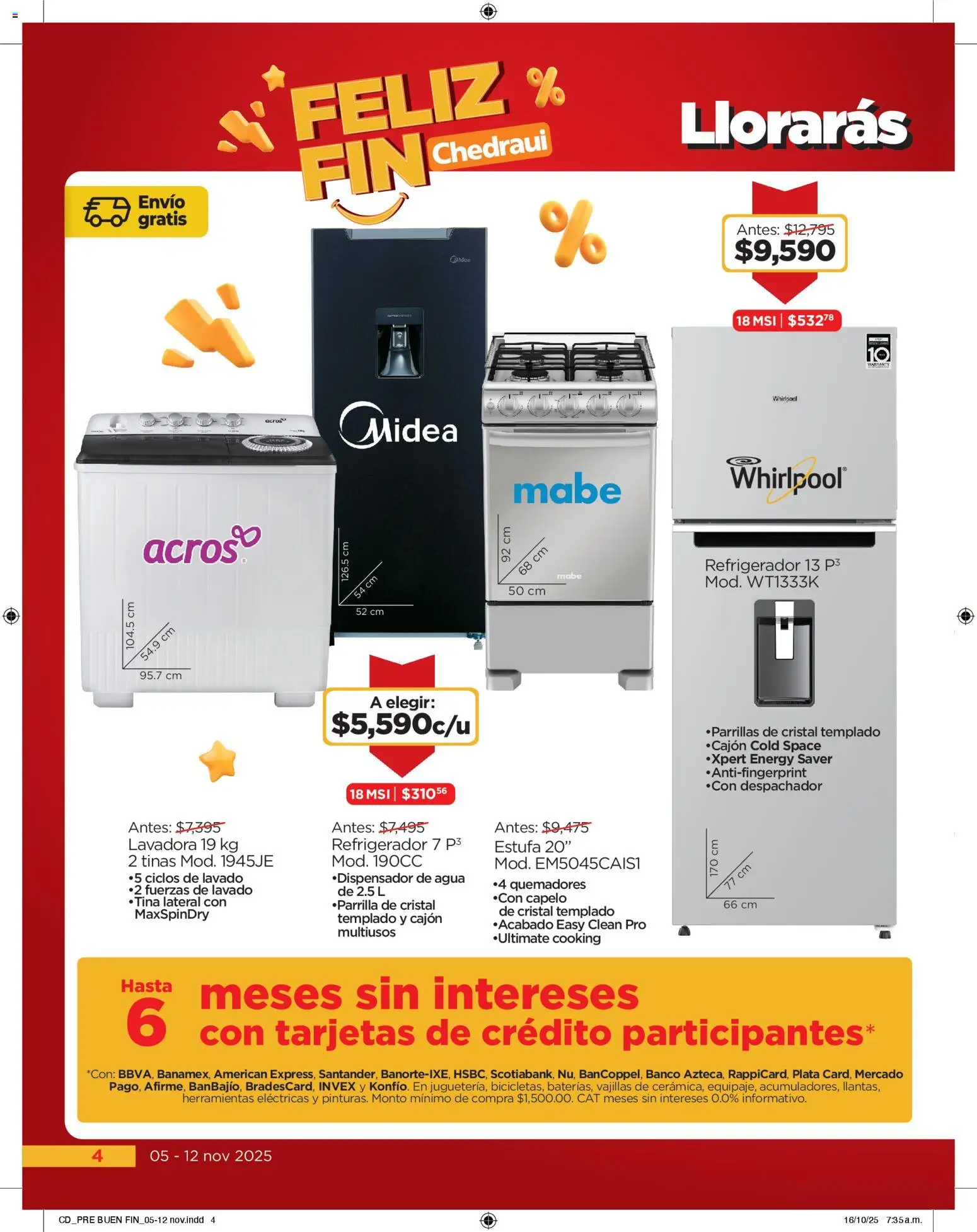 Nuevas ofertas de Chedraui válidas en toda la República Mexicana desde el 05.11.2025. ¡Encuentra las mejores ofertas en Chedraui Buen Fin! | Página: 4 | Productos: Refrigerador, Agua, Lavadora, Banco
