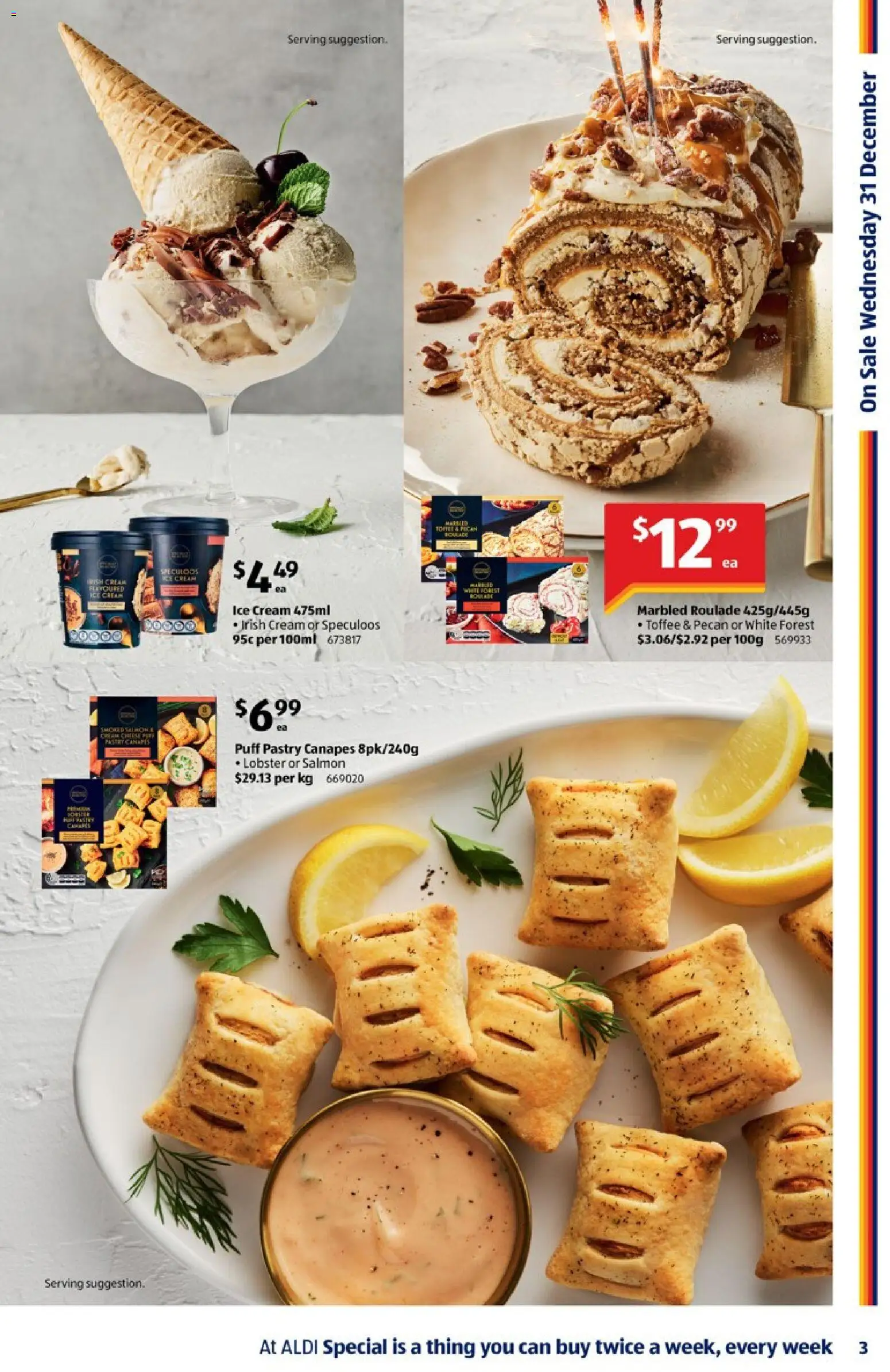 Aldi catalogue - valid from 31.12.2025 | Page: 3 | Products: Cream, Pastry, Ice cream, Salmon