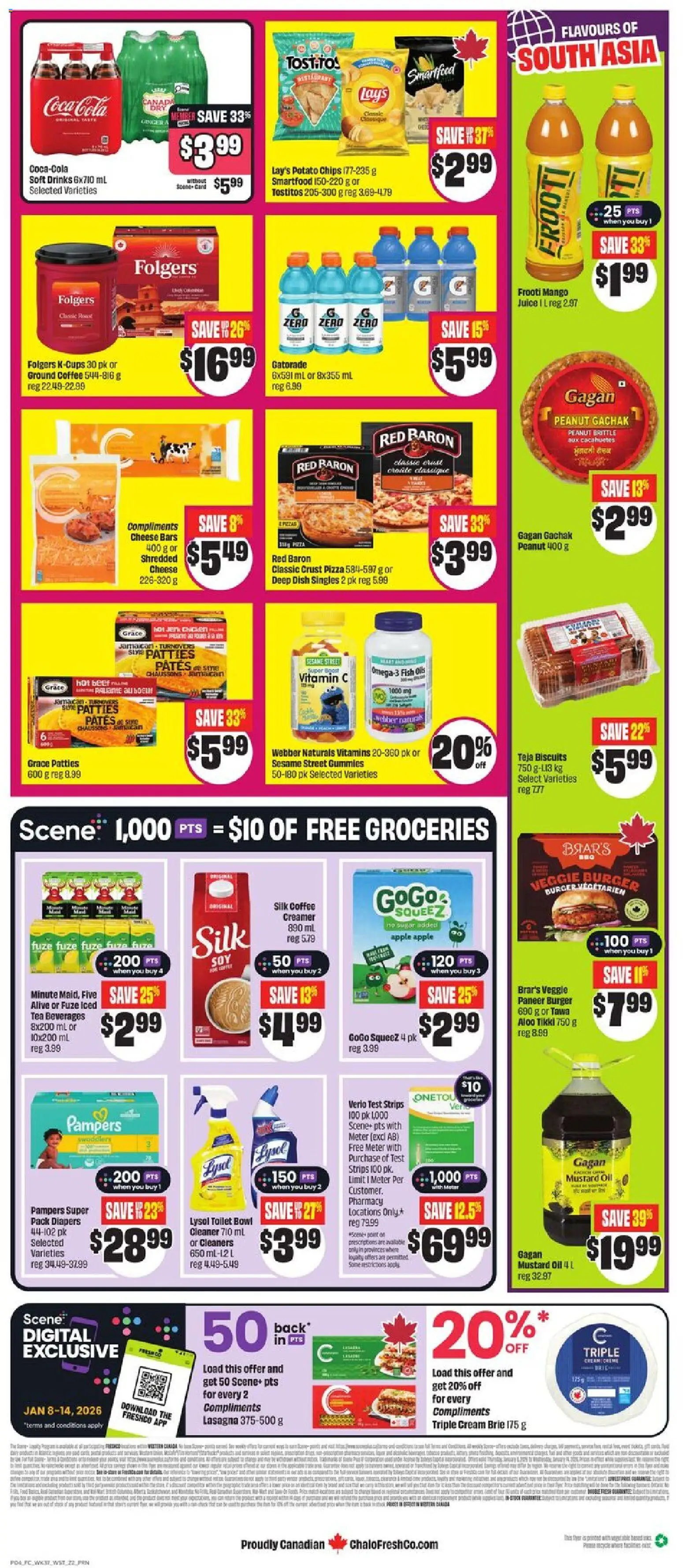 FreshCo flyer valid from 08.01.2026 | Page: 2 | Products: Chips, Cheese, Pizza, Juice