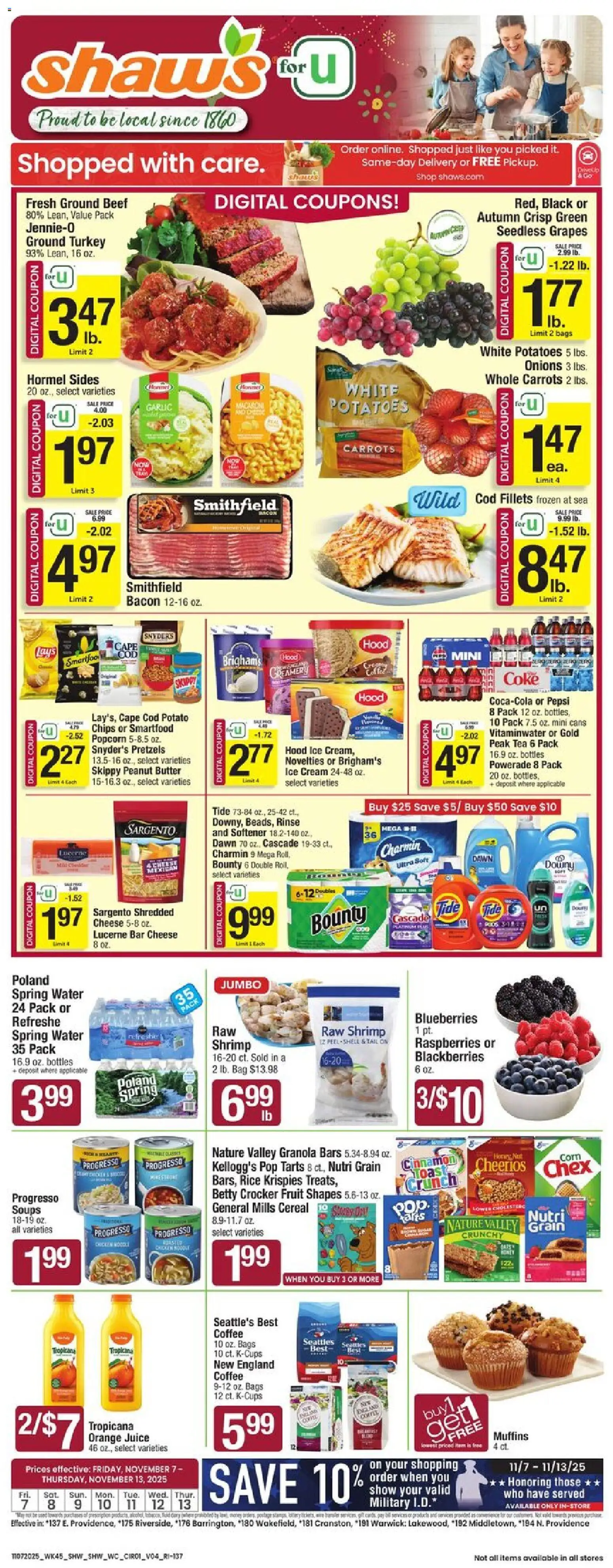 Shaw's Weekly Ad - RI - valid from 07.11.2025 | Page: 1 | Products: Cheese, Juice, Beef, Water