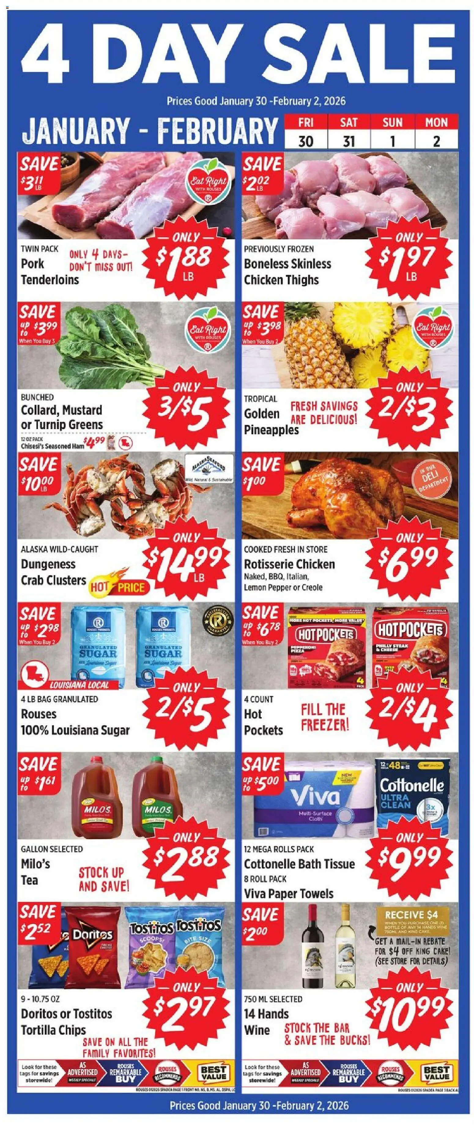 Rouses Weekly Ad - AL - valid from 28.01.2026 | Page: 2 | Products: Pork, Sugar, Greens, Freezer