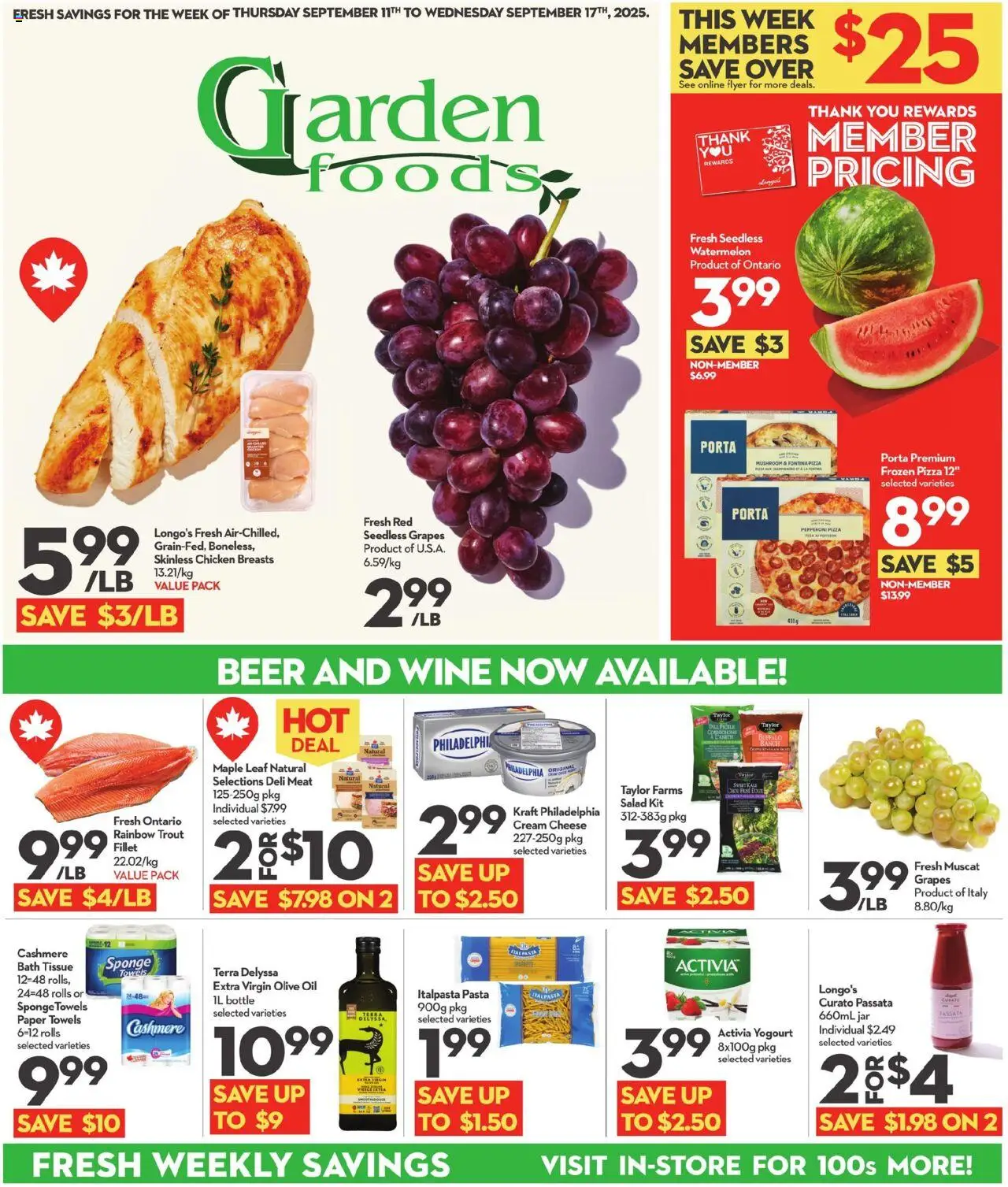 Longo's flyer valid from 11.09.2025 | Page: 1 | Products: Pizza, Wine, Beer, Chicken