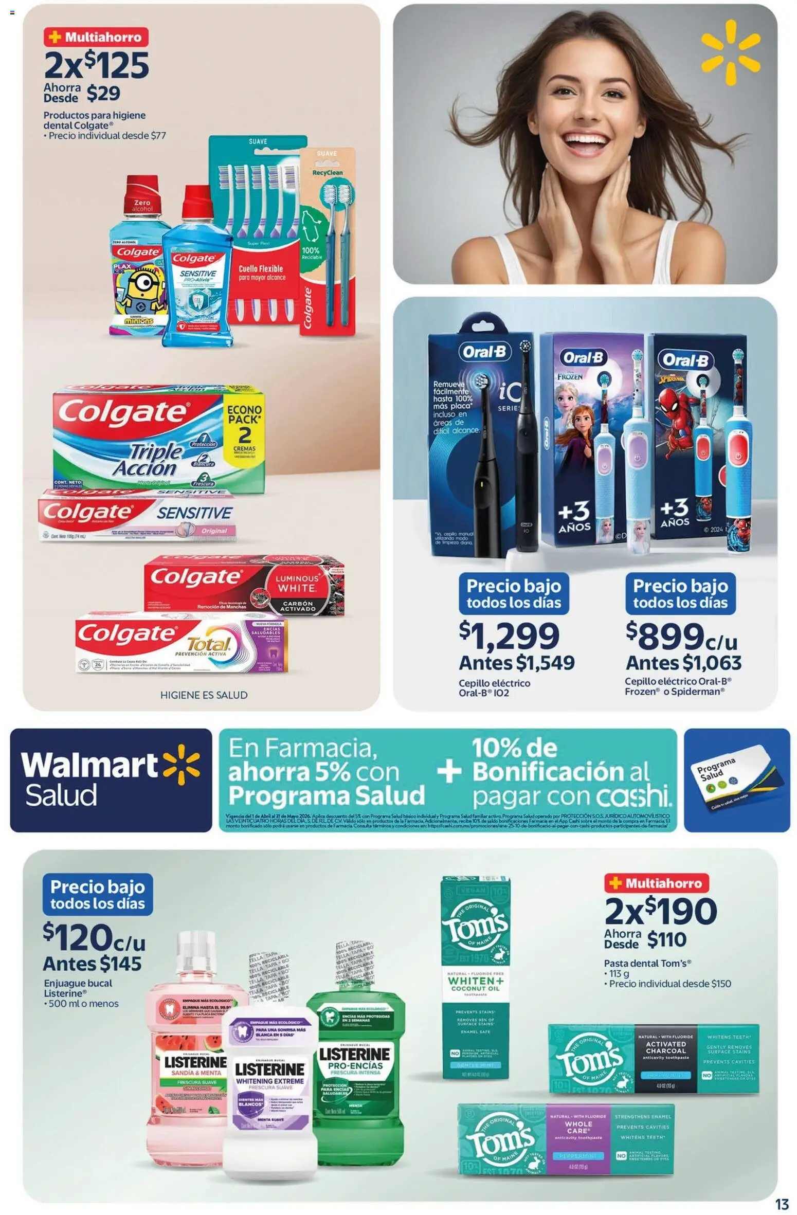 Nuevas ofertas de Walmart válidas en toda la República Mexicana desde el 27.03.2026. ¡Encuentra las mejores ofertas en  Walmart folleto Belleza natural a precios bajos! | Página: 13 | Productos: Pasta dental, Enjuague bucal, Sandía, Cepillo