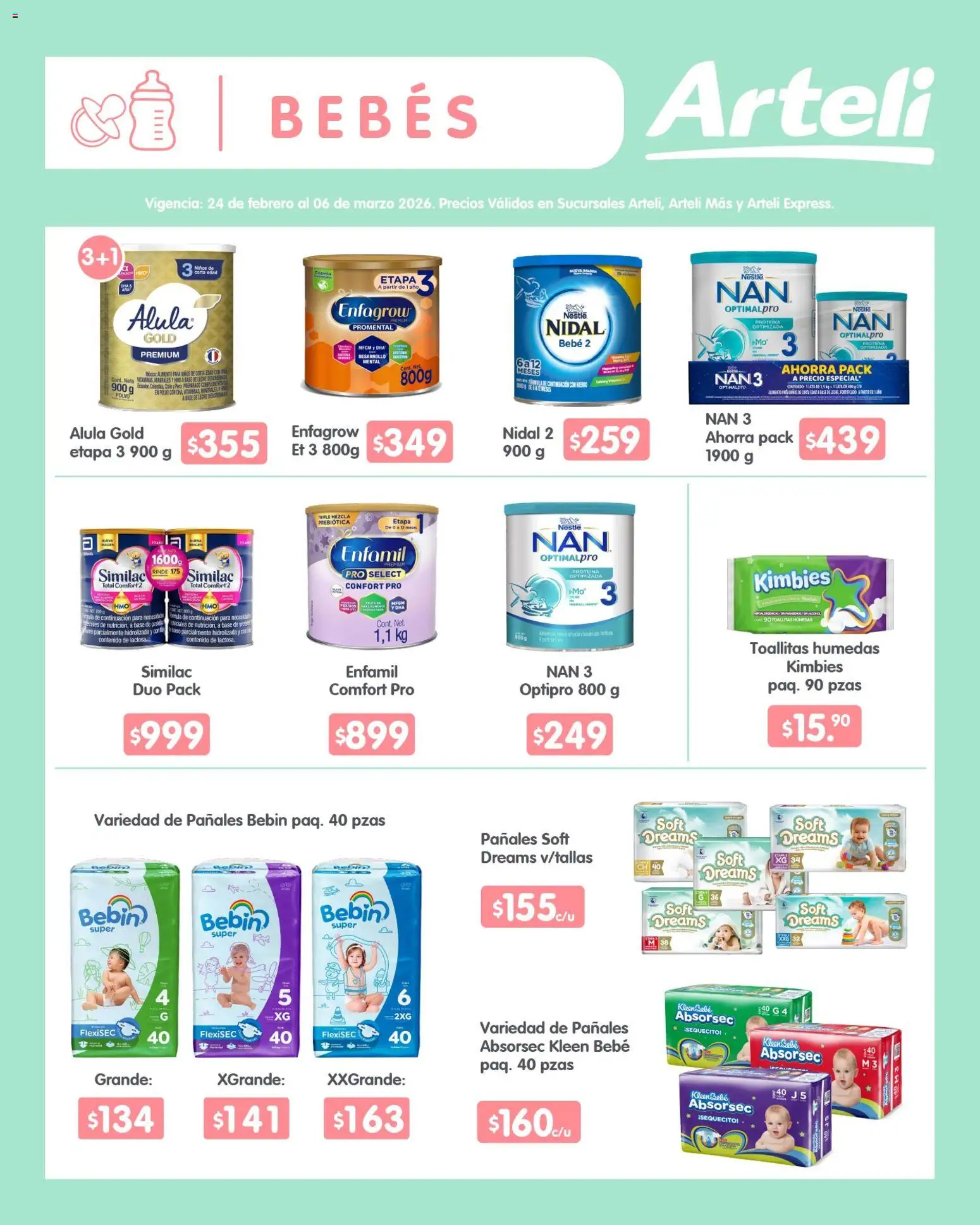 Nuevas ofertas de Arteli válidas en toda la República Mexicana desde el 24.02.2026. ¡Encuentra las mejores ofertas en Arteli folleto Quincenal! | Página: 12 | Productos: Toallitas húmedas, Leche, Pañales, Polvo