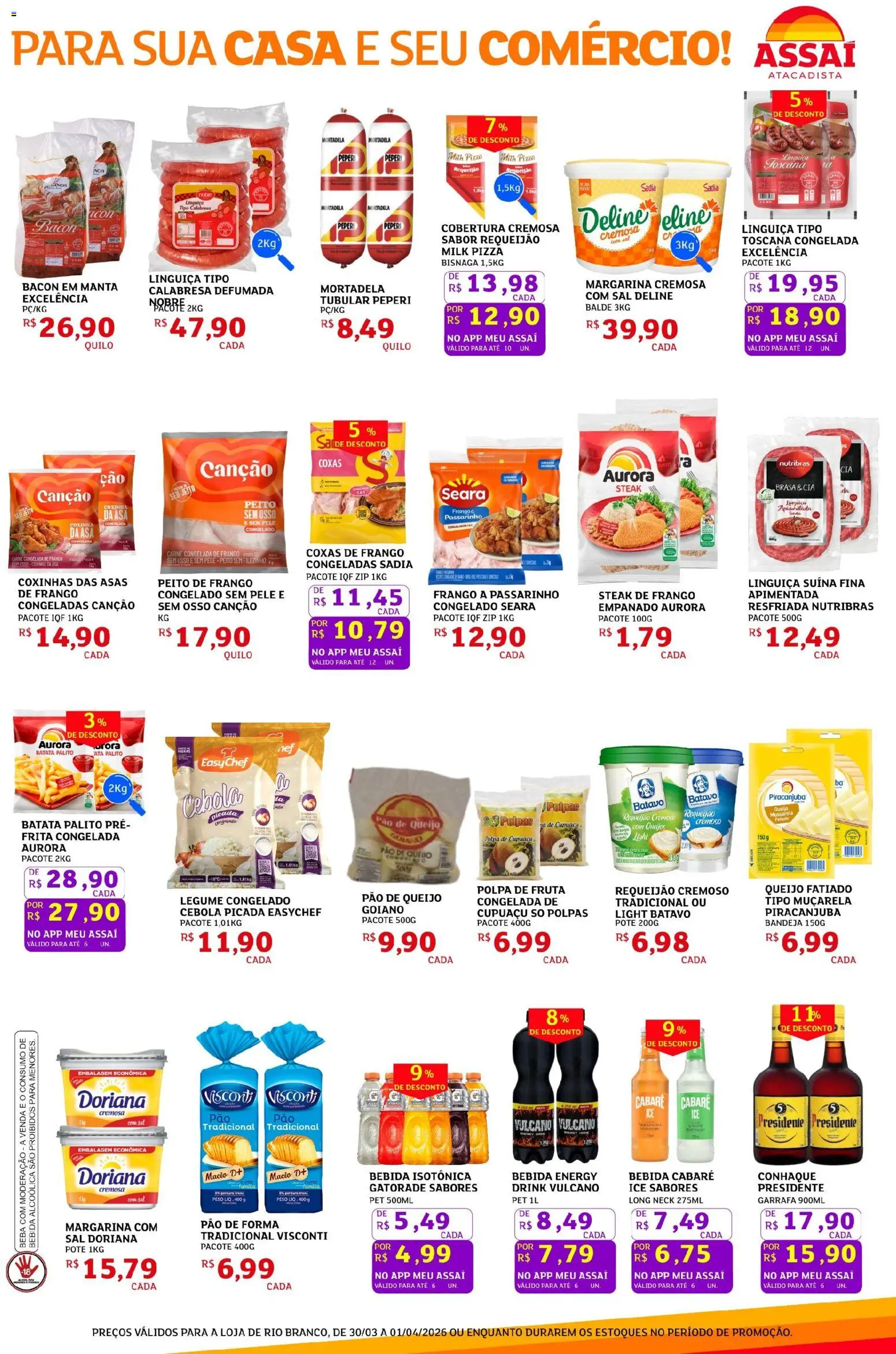 Assaí Atacadista Folheto - válido de 30.03.2026 | Página: 3 | Produtos: Cebola, Linguiça, Muçarela, Peito de frango