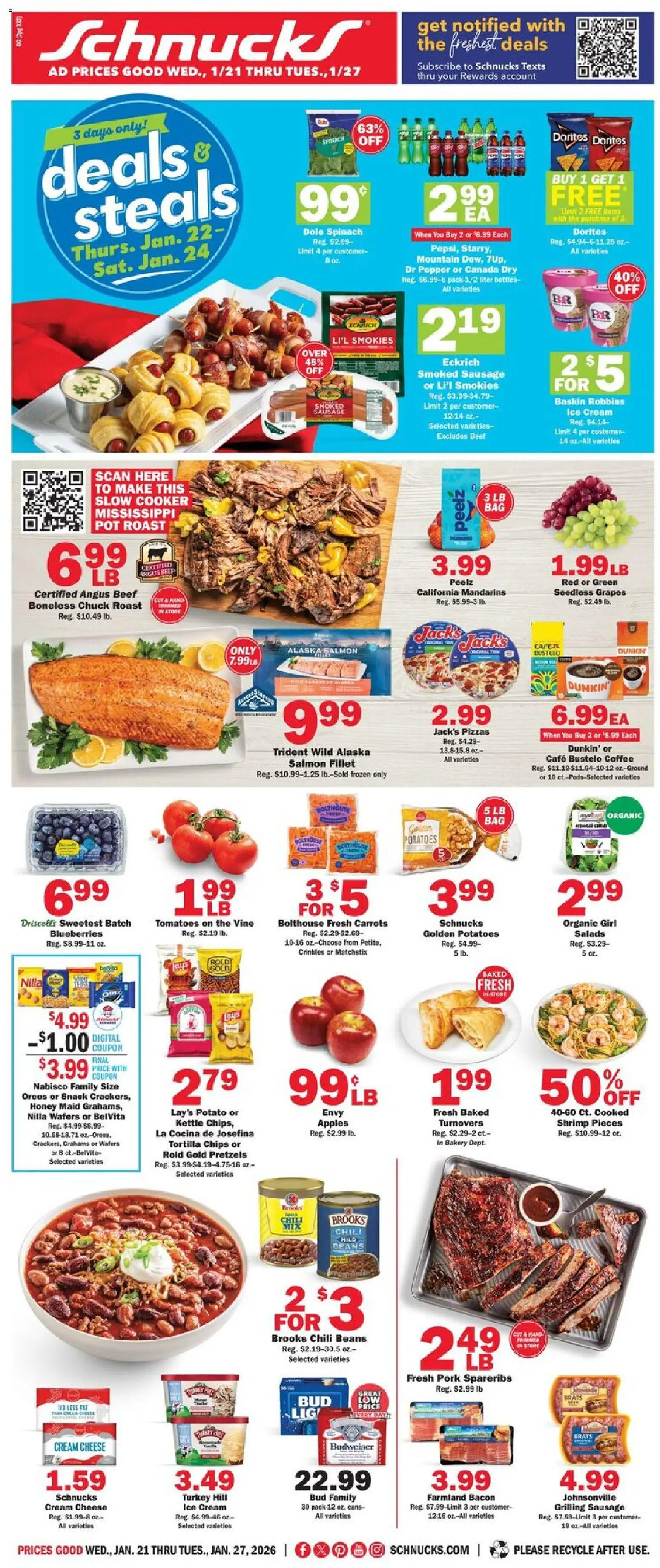 Schnucks Ad - valid from 21.01.2026 | Page: 1 | Products: Pork, Tomatoes, Ice cream, Grapes