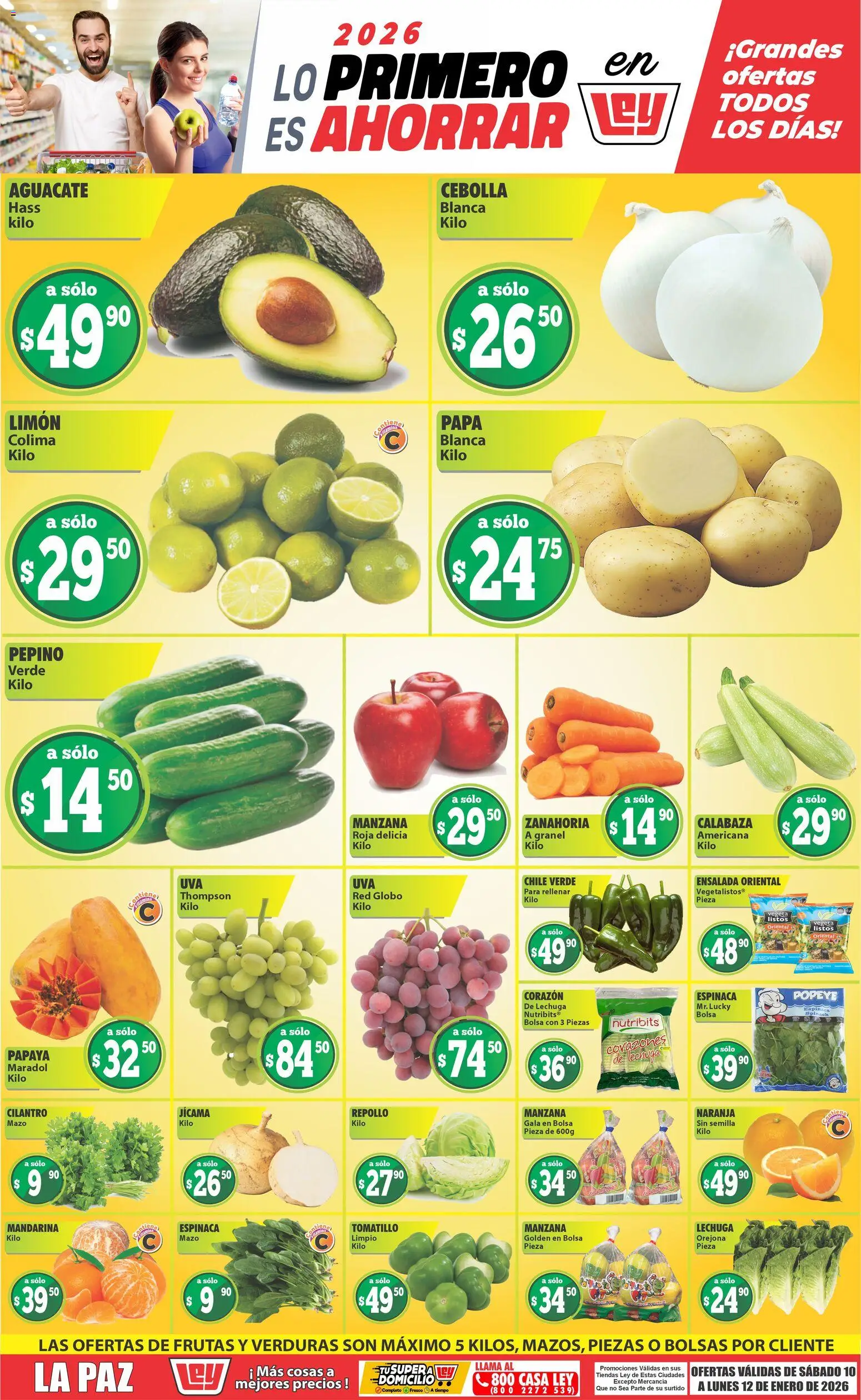 Nuevas ofertas de Casa Ley válidas en toda la República Mexicana desde el 10.01.2026. ¡Encuentra las mejores ofertas en Casa Ley folleto Las ofertas de frutas y verduras La Paz! | Página: 1 | Productos: Cebolla, Bolsa, Espinaca, Zanahoria