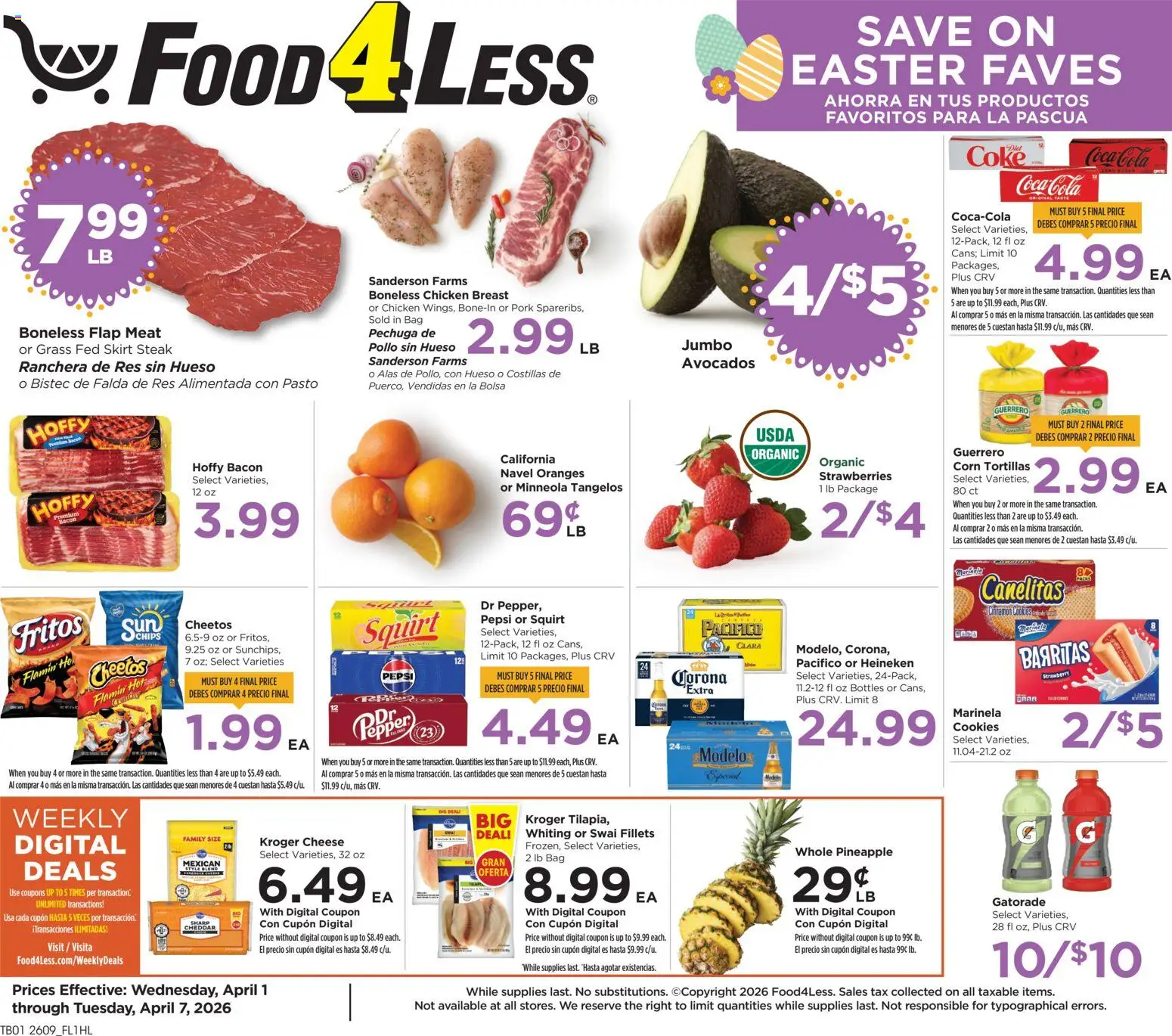Food 4 Less Weekly Ad - valid from 01.04.2026 | Page: 1 | Products: Corn, Pineapple, Strawberries, Bag