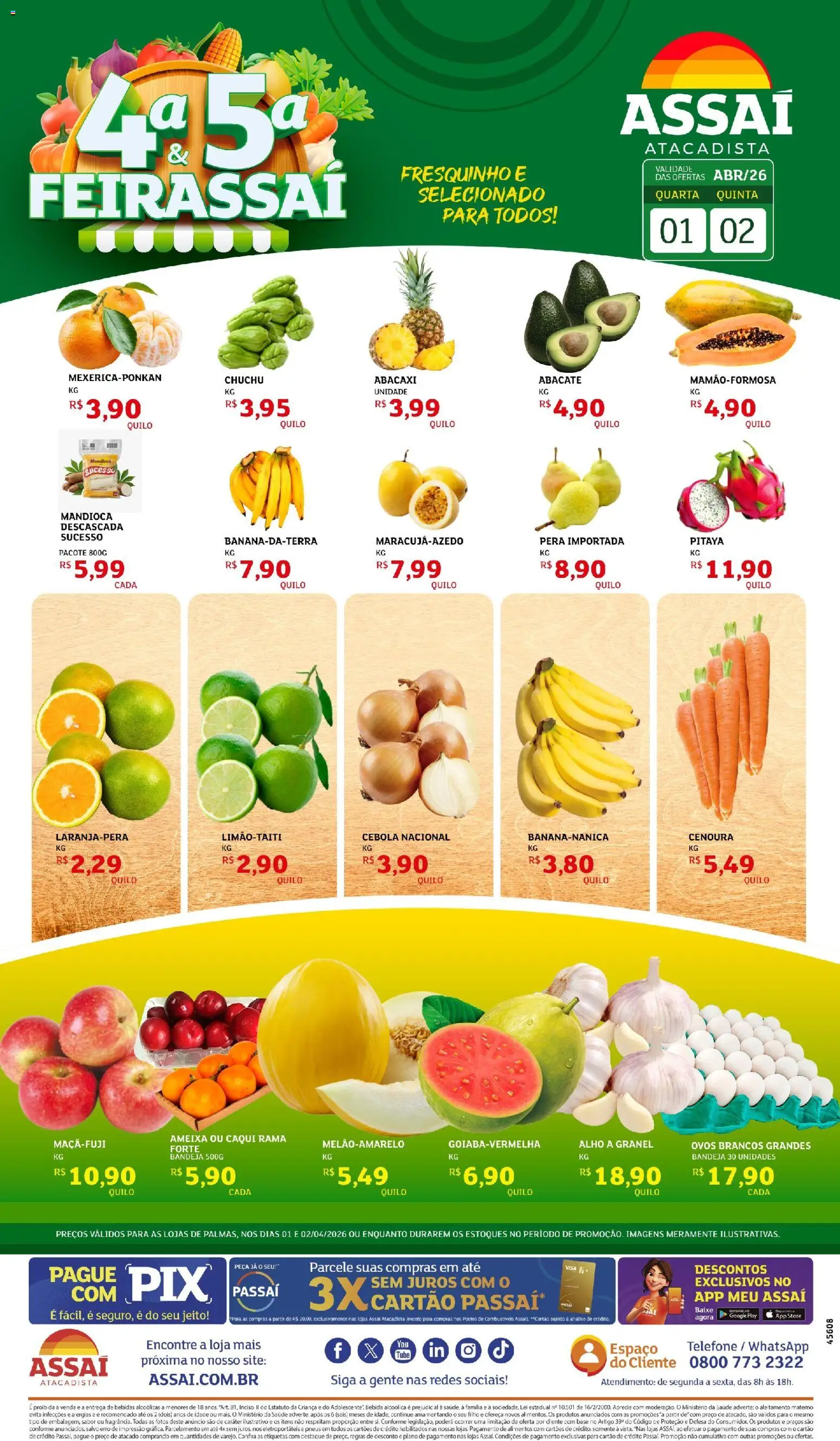Assaí Atacadista Folheto - válido de 02.04.2026 | Página: 1 | Produtos: Cebola, Mandioca, Base, Telefone