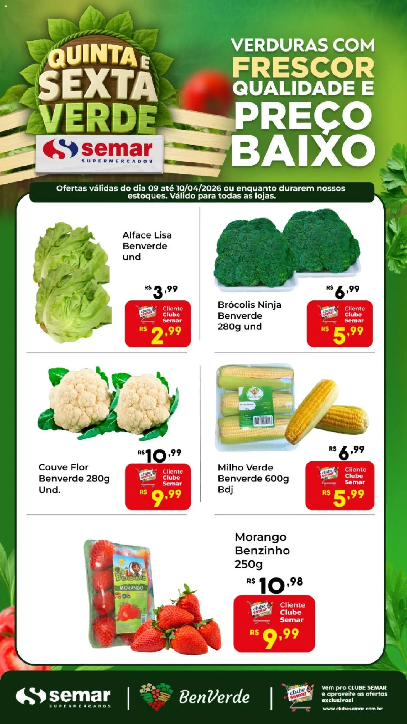 Semar Supermercado Folheto - válido de 09.04.2026 | Página: 1 | Produtos: Milho verde, Baixo, Alface, Brócolis