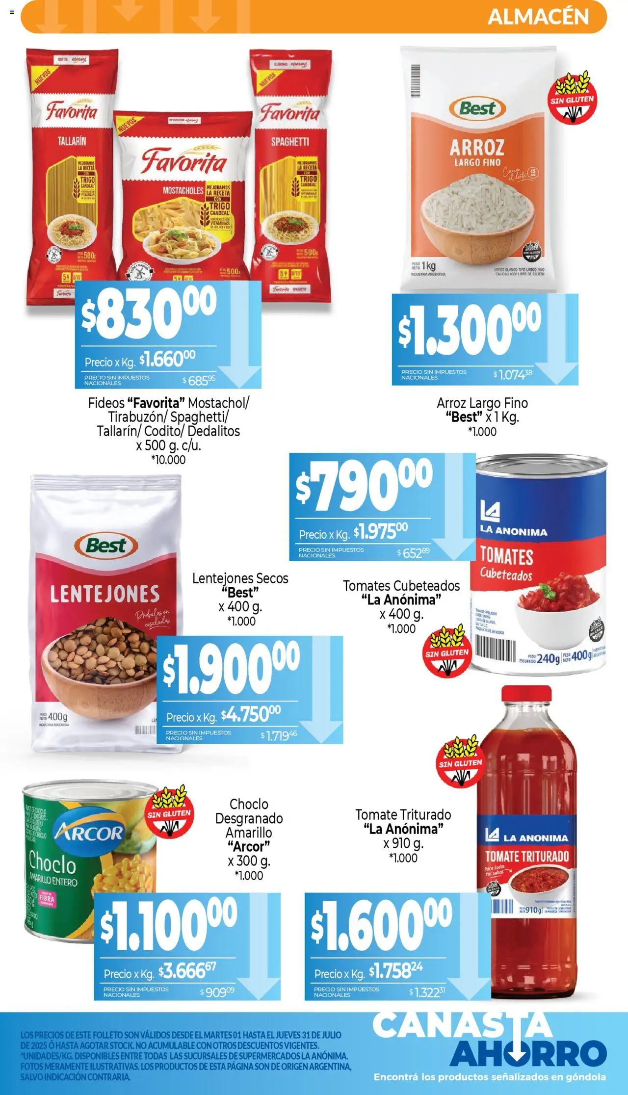La Anonima - Canasta Ahorro │ válido desde el 01.07.2025 | Página: 4 | Productos: Choclo, Arroz, Fideos, Canasta