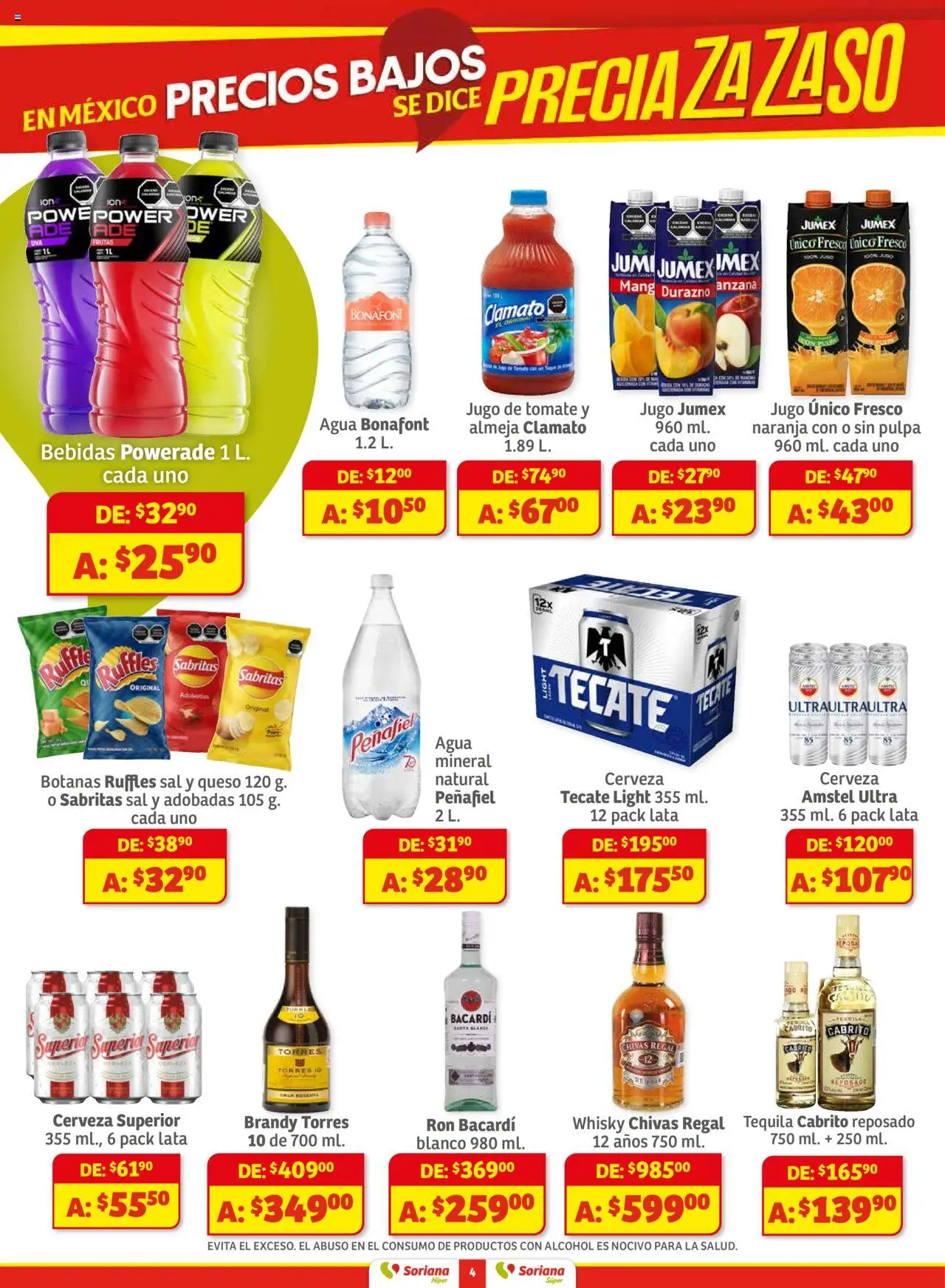 Nuevas ofertas de Soriana válidas en toda la República Mexicana desde el 01.08.2025. ¡Encuentra las mejores ofertas en Soriana - Preciazazaso Súper Camp, Chia, Oax, Q. Roo, Tab, Yuc! | Página: 4 | Productos: Tomate, Agua, Tequila, Whisky